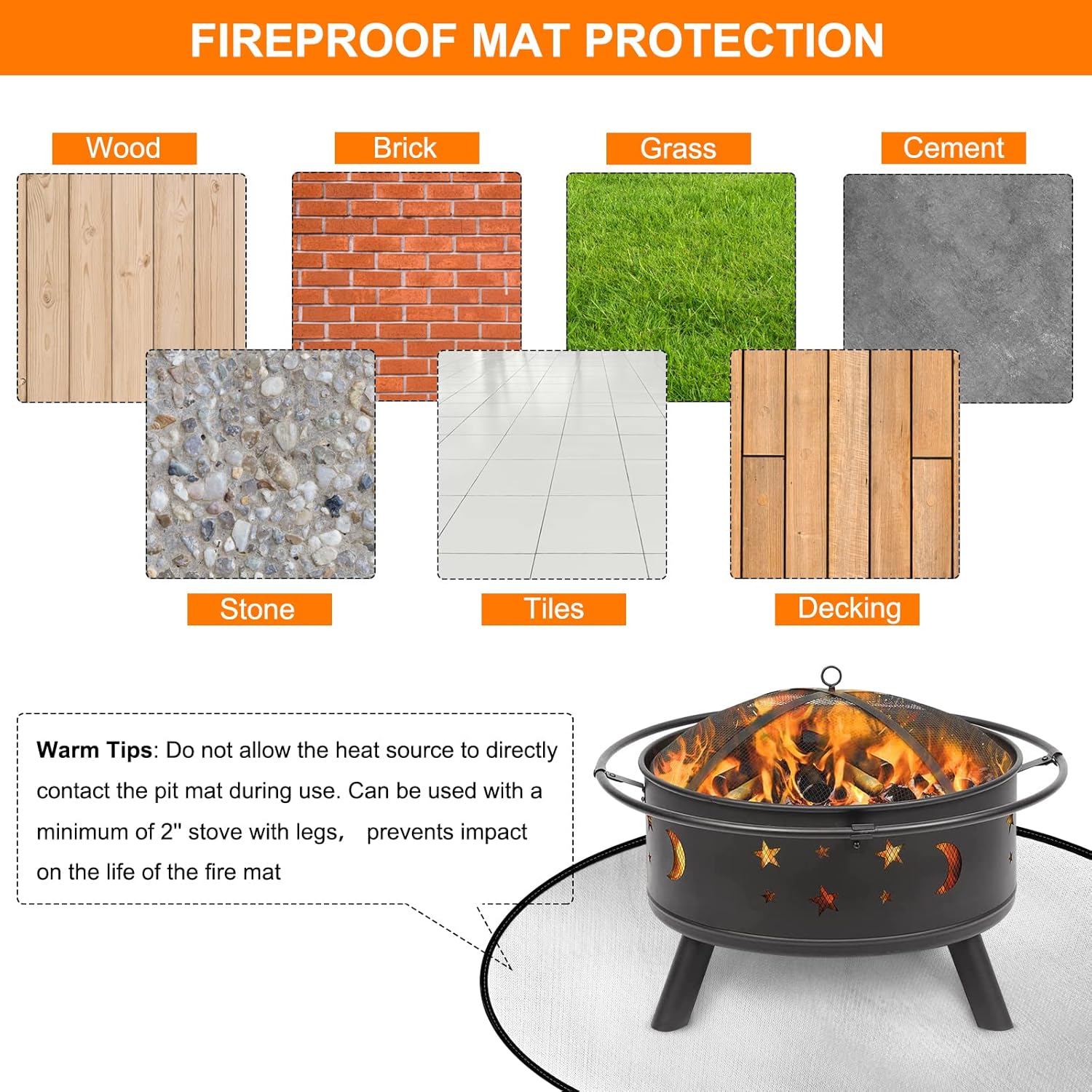 Newthinking 36in Fire Pit Mat for Decking, Reusable Round Heat