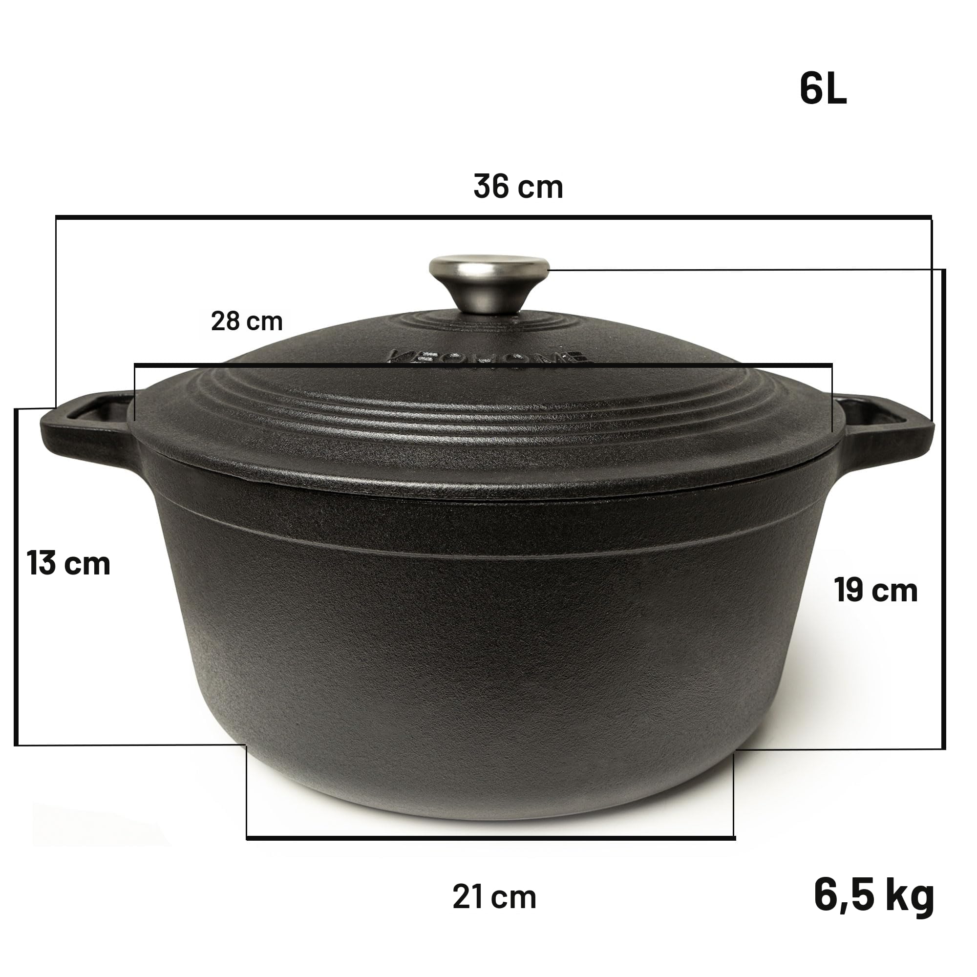 Cazuela de hierro fundido negro mate 6 litros - Olla de hierro fundido compatible con inducción y todas las fuentes de calor. Guiso versátil - caldero diámetro 28cm