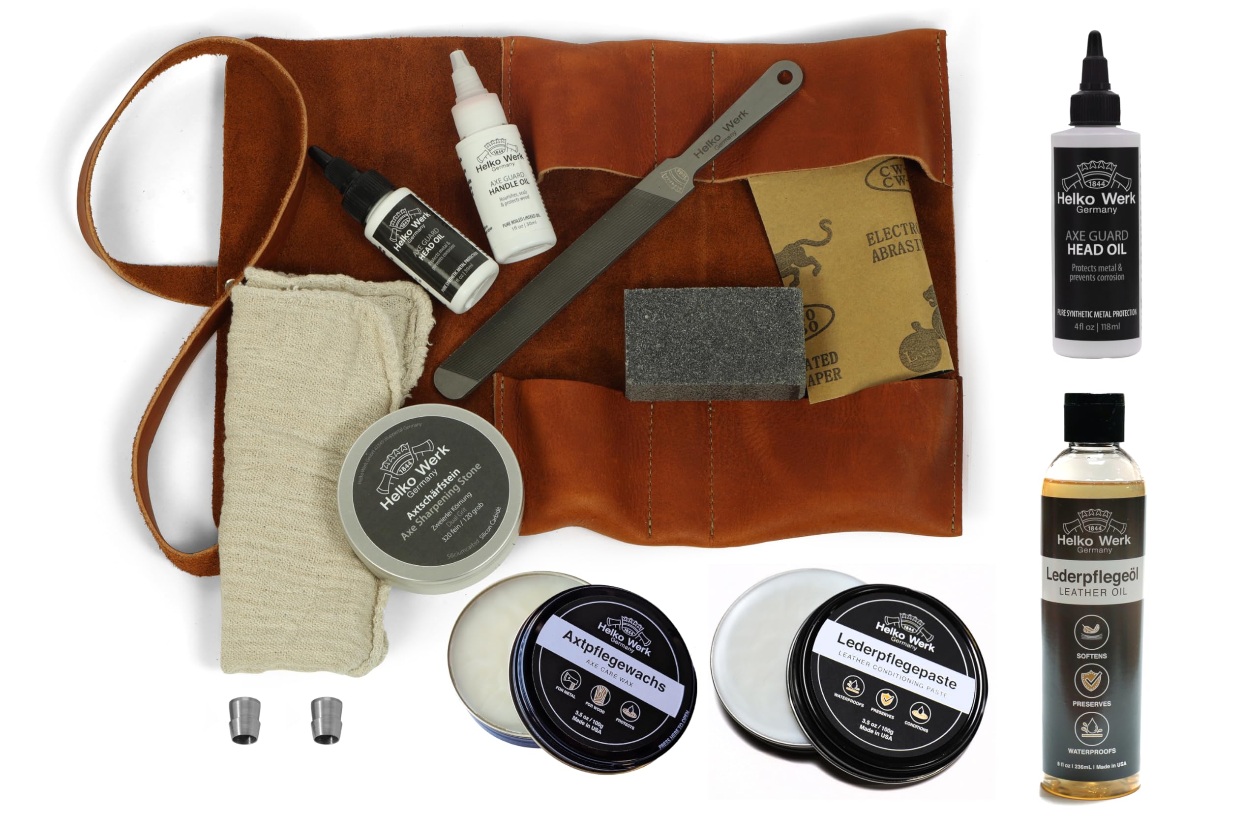 1844 Helko Werk Germany Deluxe Axe Care and Maintenance Kit - Axe Maintenance Tool Care, Sharpening Stone, Axe Wax, Leather Oil, Leather Paste, 4 Oz. AxeGuard (Deluxe Maintenance Kit) #F8790-3
