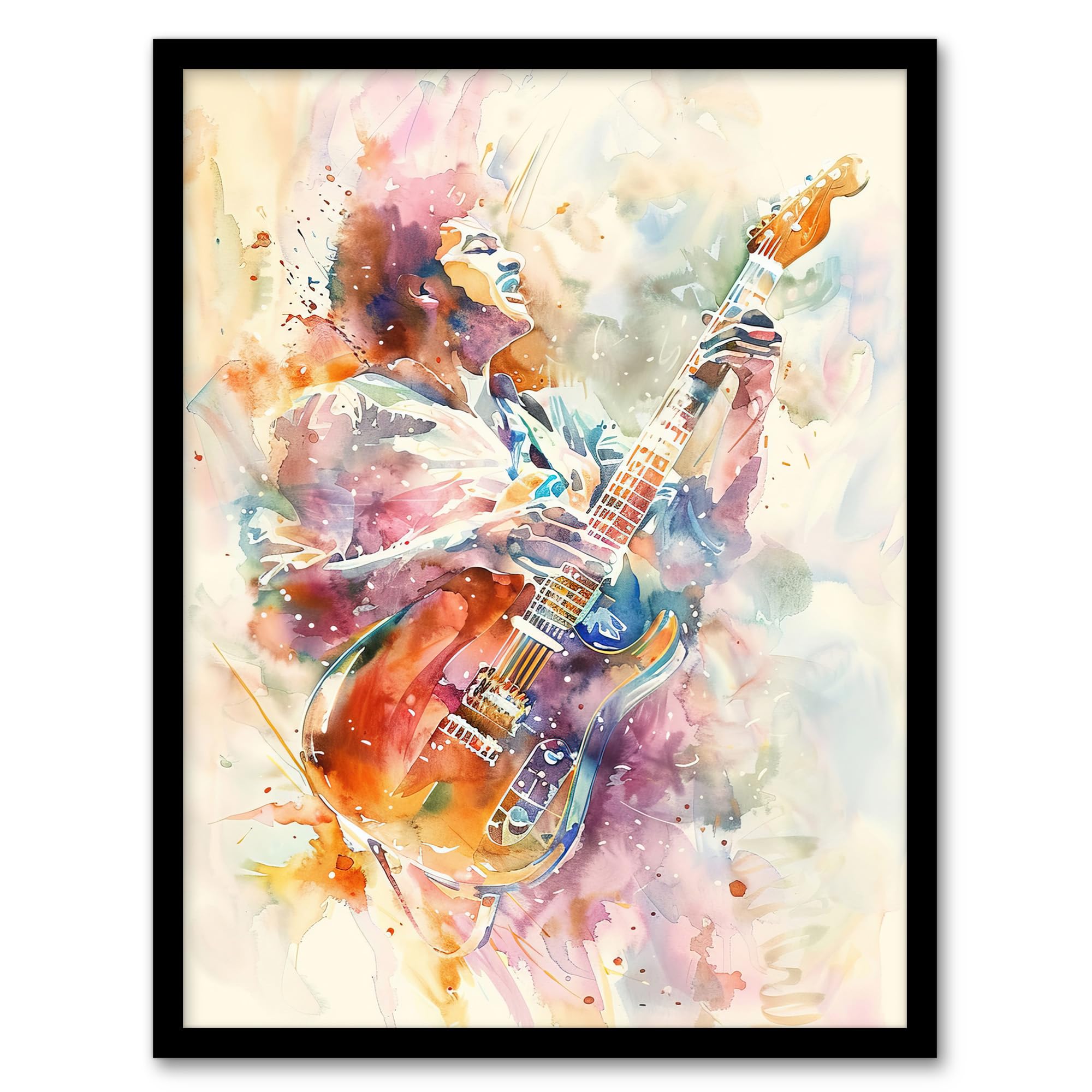 Artery8 Colourful Watercolour Electric Guitar Musician Living Room Artwork Framed Wall Art Print A4