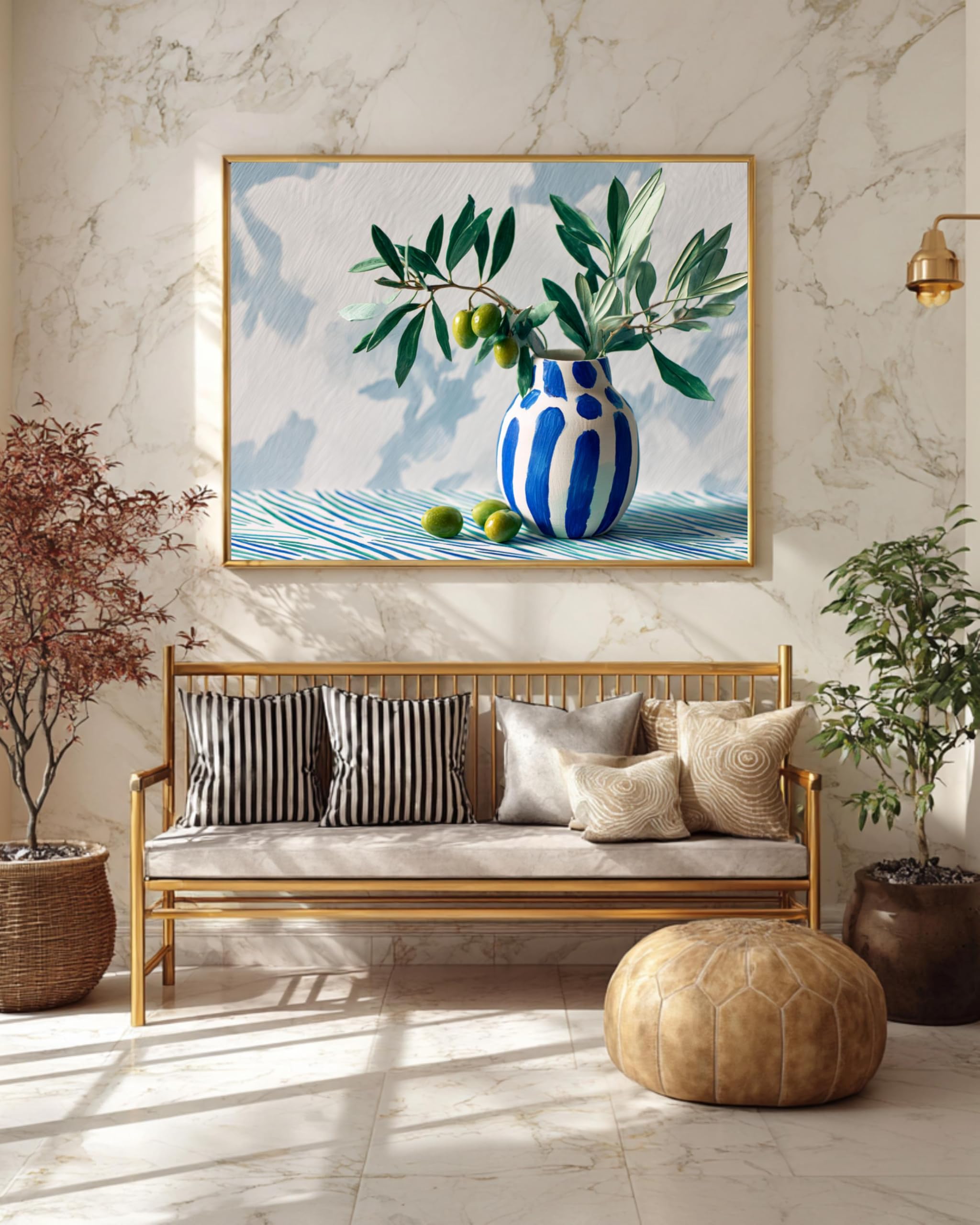 Tongyinli Internal Frame Vintage Olive Branch Canvas Oil Painting, Classic Matisse Style Posters Botanical Print, Striped Vase Wall Art Pictures(60X80cm/Internal Frame)