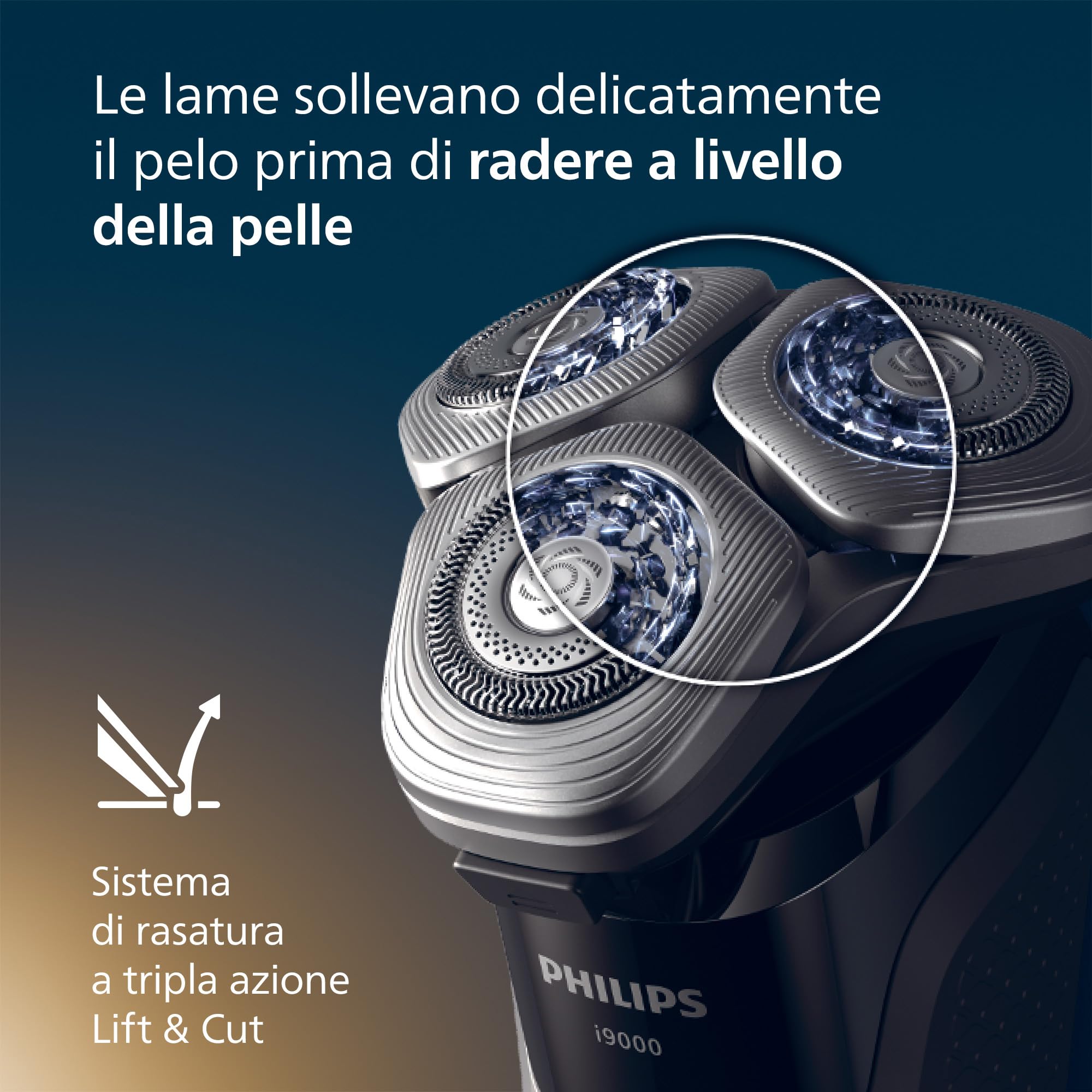 Philips Shaver i9000, rasoio elettrico Wet & Dry, con tecnologia Skin IQ, triplo sistema di sollevamento e taglio, doppie lame di precisione SteelPrecision rotanti a 360°, modello X9002/30