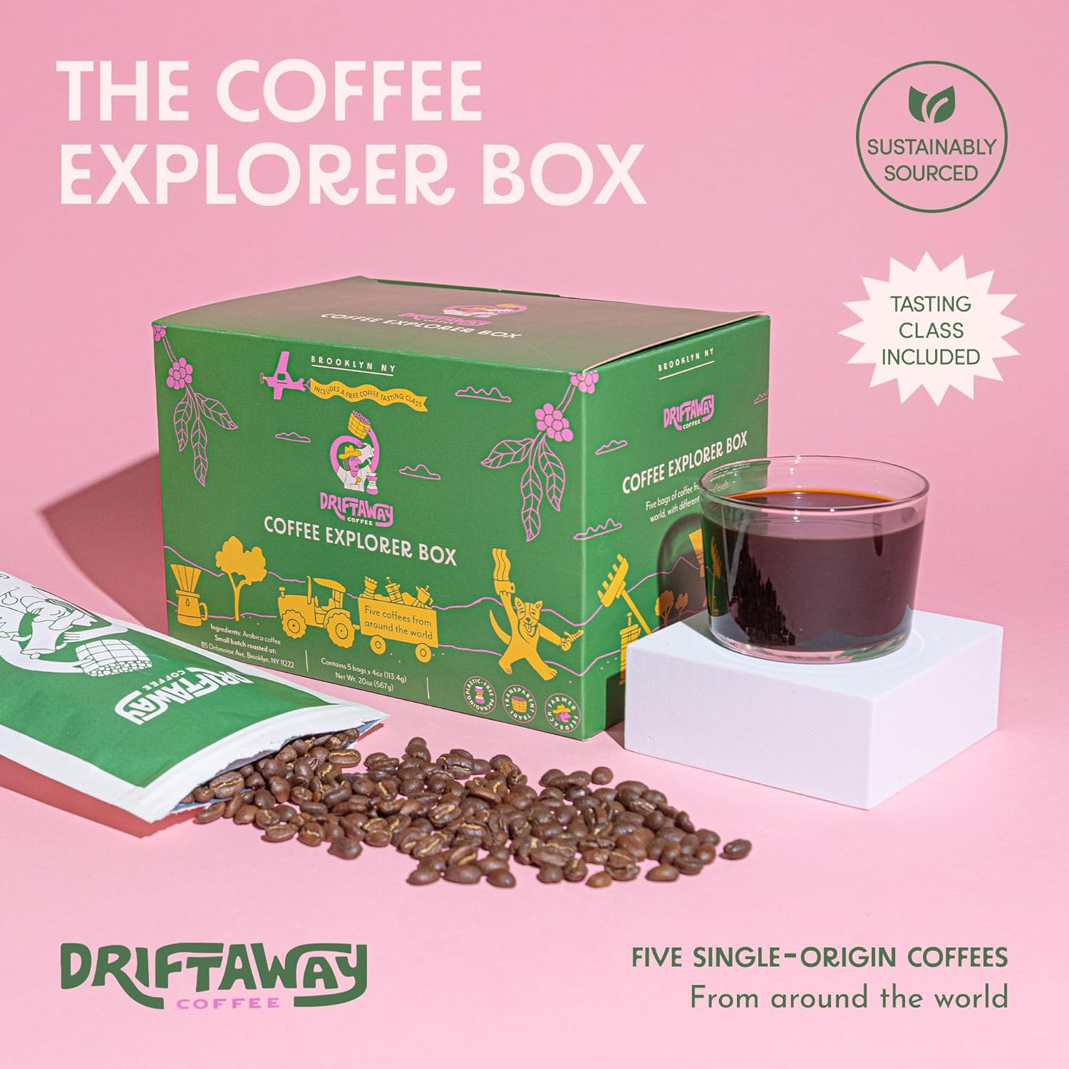 Driftaway Coffee Explorer Box, 5 Pack Coffee Tasting Kit - Single-Origin Beans from Around the World - 5 Fresh Roasts - Sustainable Sourcing, Small-Scale Farmers - Gourmet Coffee Variety Gift Set (Whole Bean, 4 Ounce (Pack of 5))