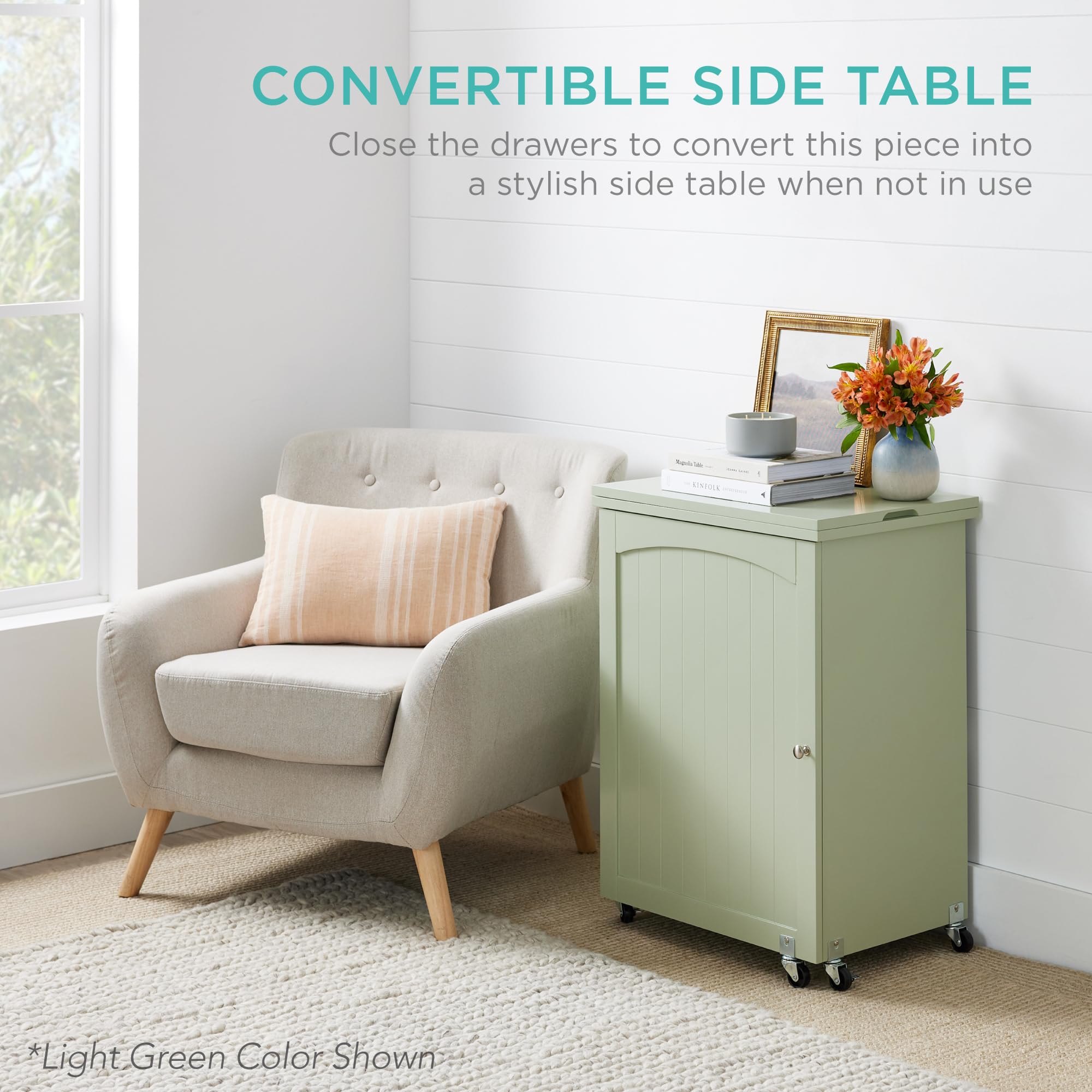 Best Choice Products Mesa de costura plegable multiusos para manualidades y escritorio lateral con diseño compacto, ruedas, estantes, bandejas de almacenamiento, clavijas, puertas magnéticas, pomos de