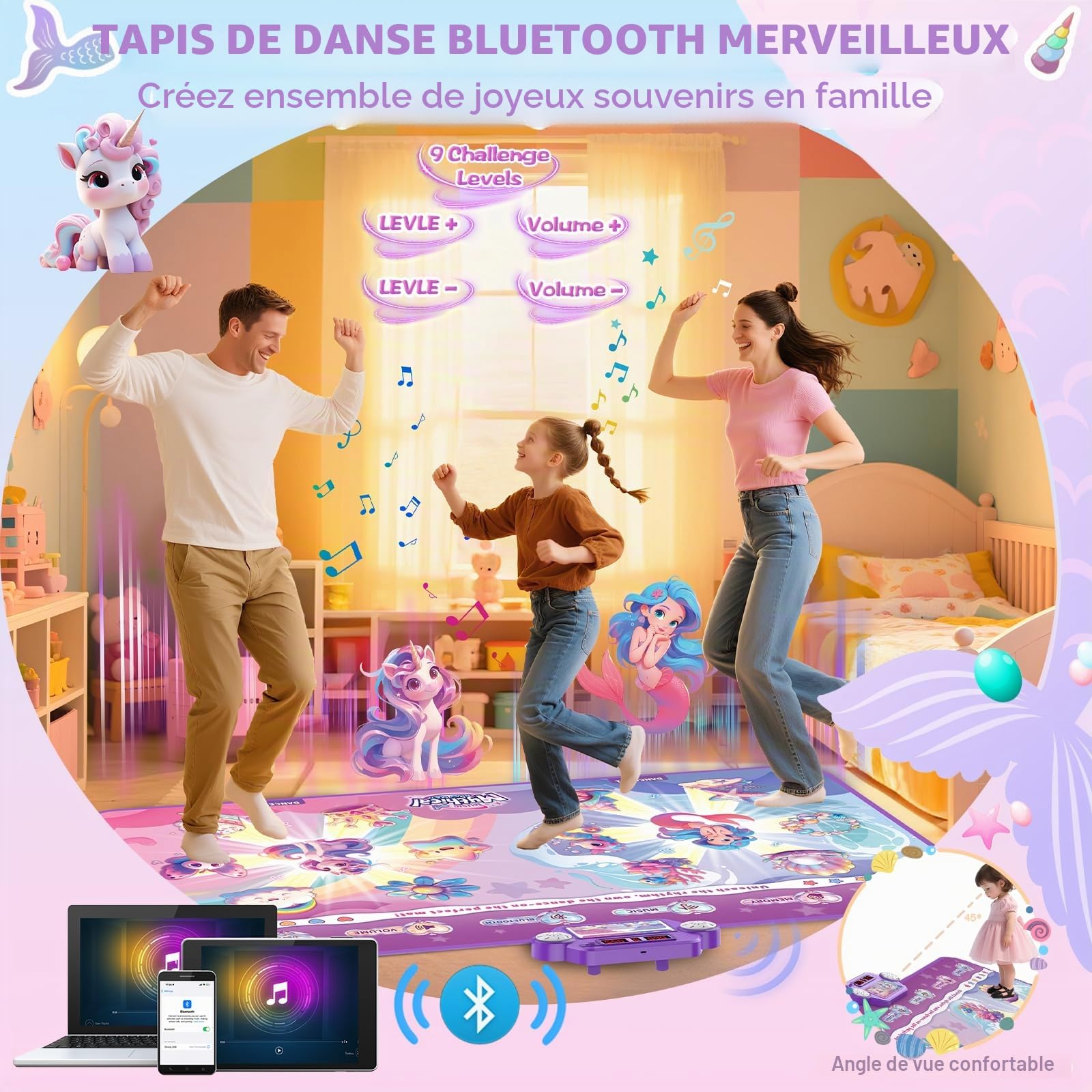 Tapis de danse Bluetooth amélioré 2025 pour 2 enfants, tapis interactif à 2 joueurs (4 modes améliorés), Merman & Unicorn avec boîte à piles LED, cadeau d'anniversaire