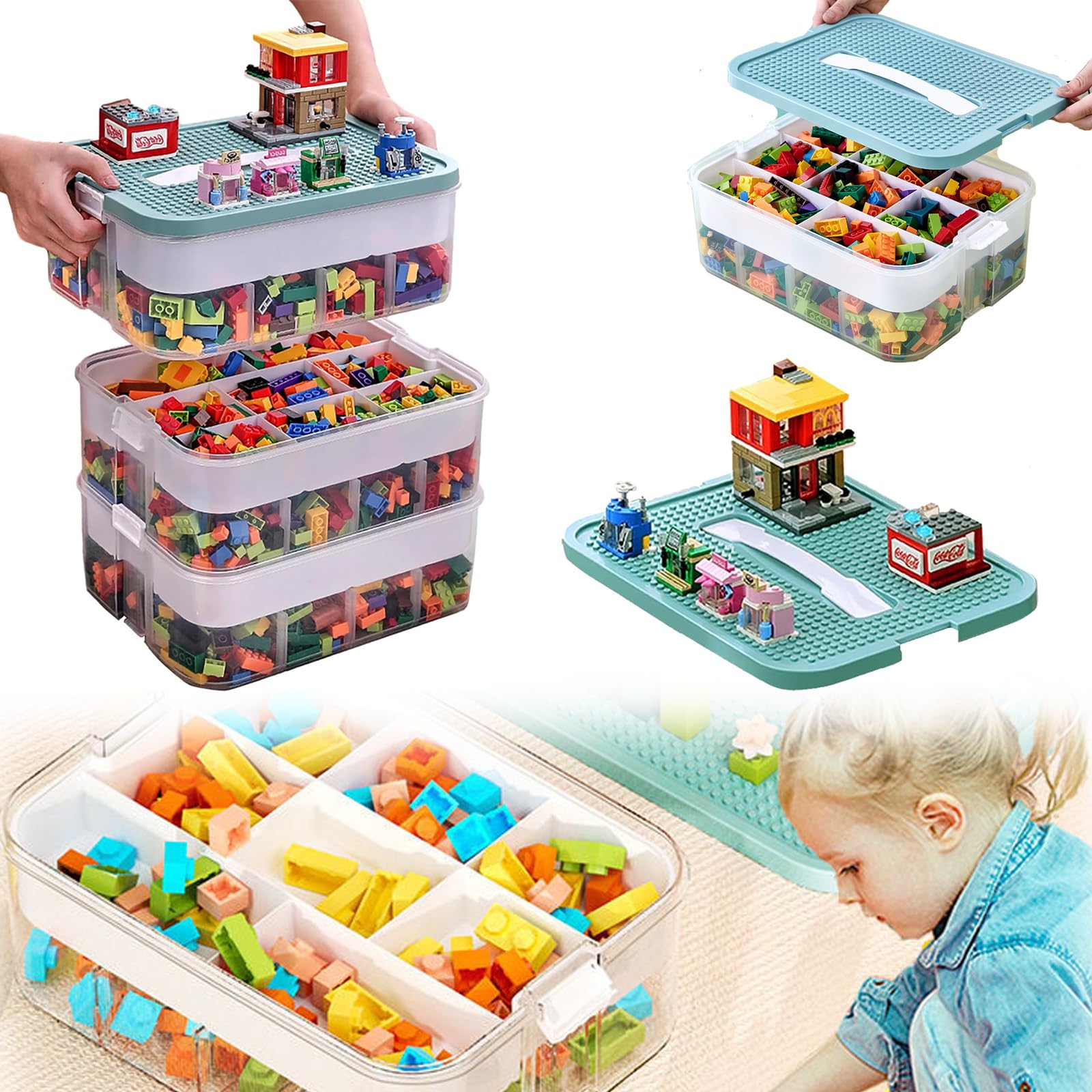 Caja Almacenaje Plastico, 3 Capas Apilables Almacenaje Juguetes Infantil para Bloques Construccion, Transparente Organizador Juguetes Infantil con Compartimentos (Verde)