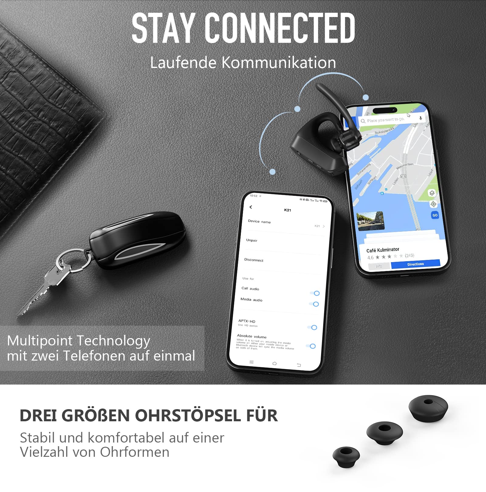 Conambo Auriculares Bluetooth V5.2 inalámbricos con estuche de carga de 750 mAh, 64 horas de tiempo de conversación, auriculares Bluetooth inalámbricos con CVC 8.0 y micrófono dual ENC para iPhone