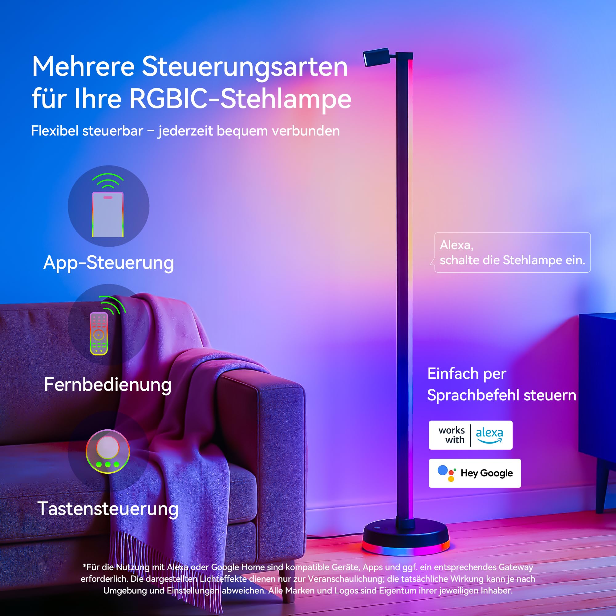 RGBICWW LED Stehlampe Wohnzimmer Dimmbar mit Leselampe 149,7cm | 16 Mio. Farben, 270° Licht, App & Fernbedienung, Musik-Sync, Timer für Schlafzimmer & Gaming, Lineora-02