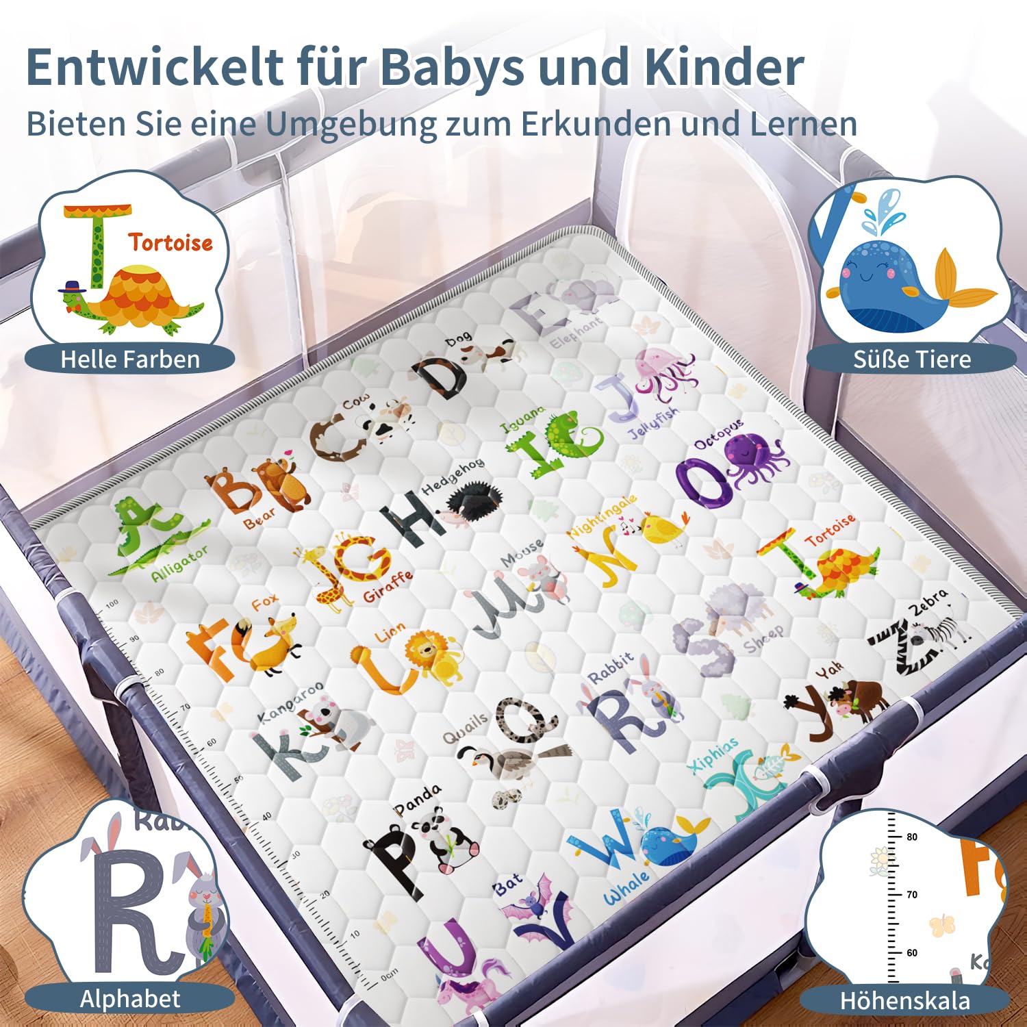 Tappeto Gioco Bambini 127x127cm,Addensare Tappeto Gioco Neonato Pieghevole con 26 Lettere,Stampa Animalier e Righello per l'altezza,Educare Tappeto Neonato,Antiscivolo,Lavabile in Lavatrice