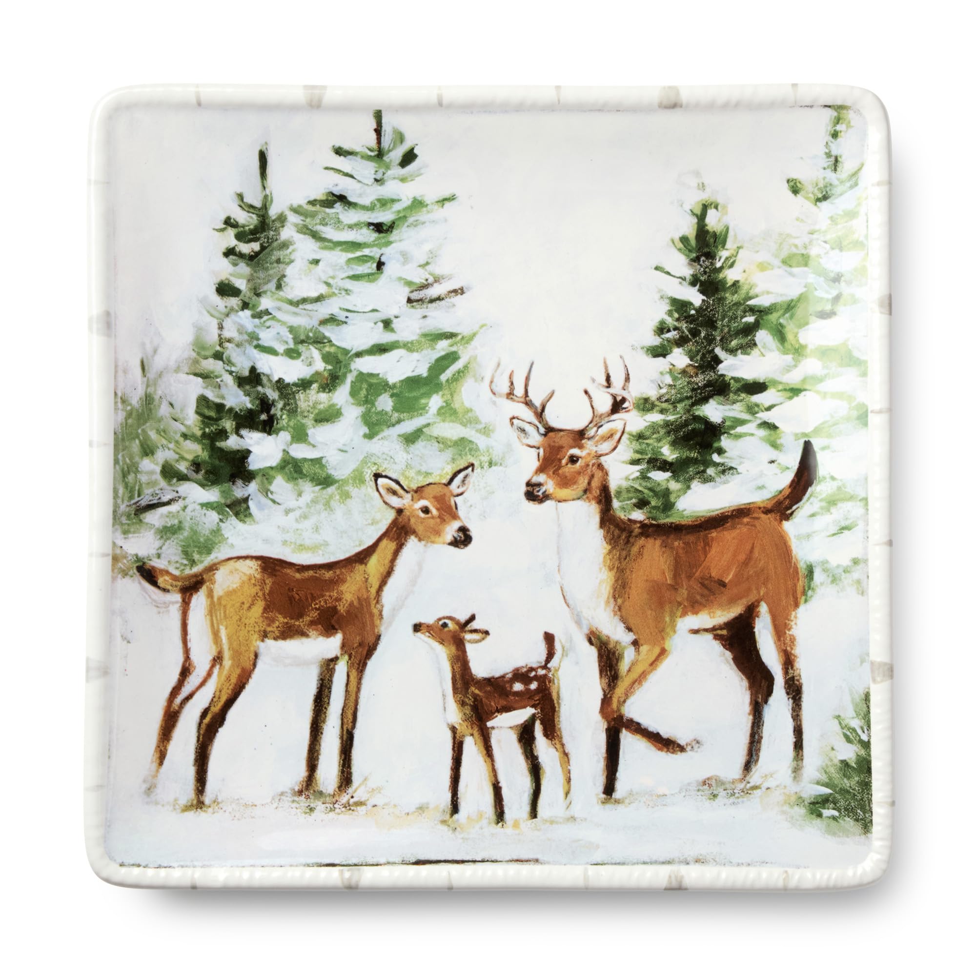 Set di stoviglie da 16 pezzi Winter Cabin, SERVIZIO per 4 - Quattro posti completi vivi di pini spolverati di neve, un"accogliente capanna di tronchi, e le affascinanti creature boschive di un inverno