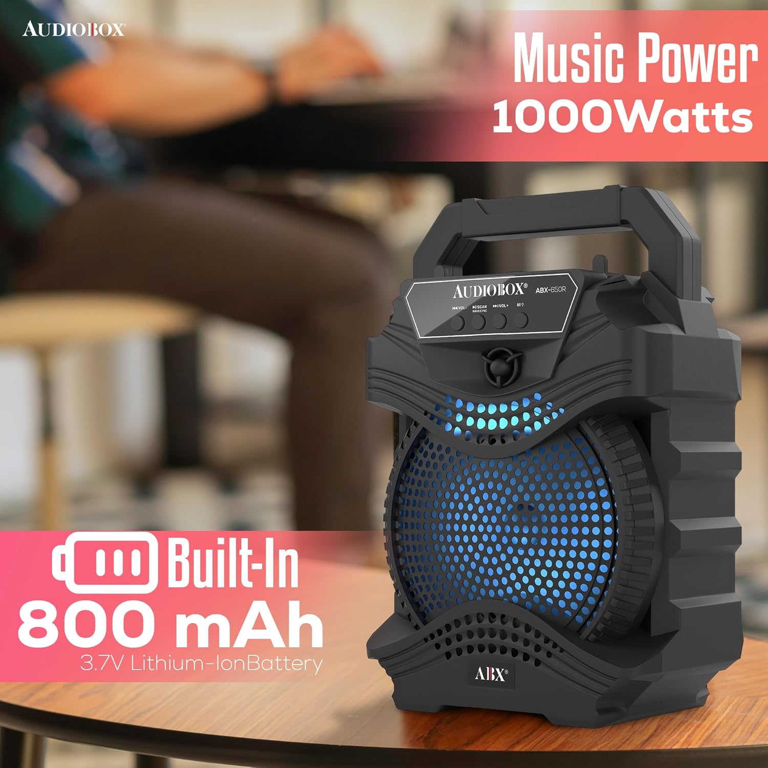 AudioBox ABX-650R speaker highlighting 1000 Watts music power and 800 mAh built-in battery
