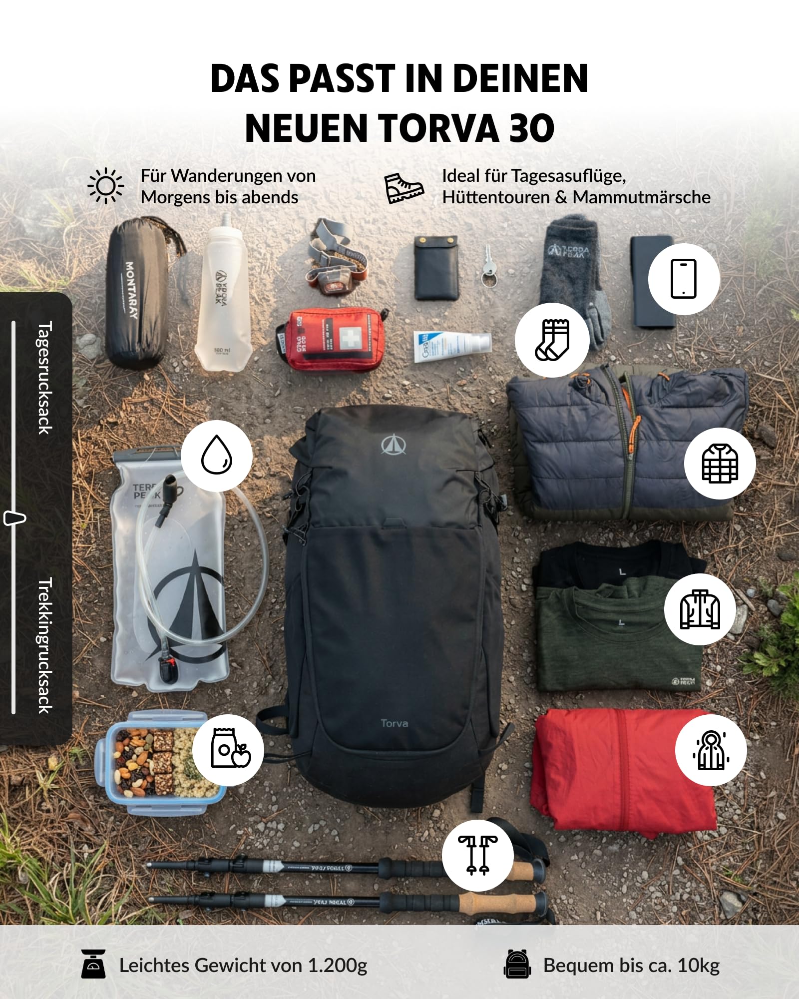 Terra Peak® Plecak turystyczny premium 30 l + 3 l (TORVA 30) dla kobiet i mężczyzn z wentylowanym grzbietem z siatki, pokrowcem przeciwdeszczowym i kieszenią na pokrywę, plecak trekkingowy z paskiem