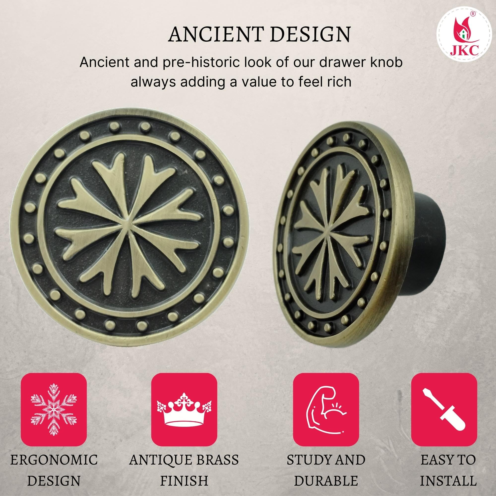 JKC Antique Brass Finish Payal Design Cabinet Handle, Multipurpose Door Handles for Wardrobe, Eye Catching Drawer Knobs, Knobs for Cabinets (Pack of 2) 1
