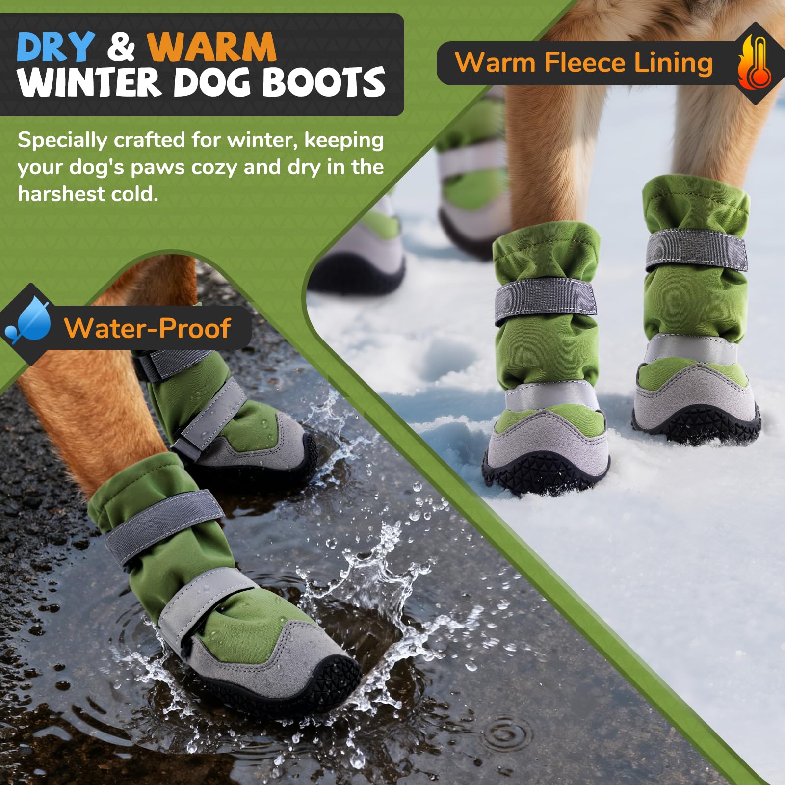 Bottes de neige d'hiver pour chien avec doublure en polaire - Chaussures pour chiens de taille moyenne et grande - Imperméables - Protections de pattes - Antidérapantes et réfléchissantes - Pour la