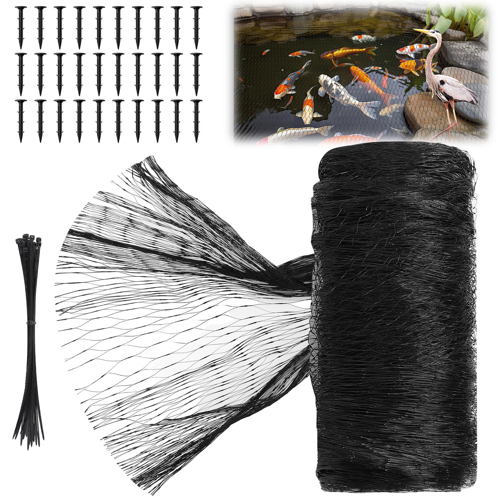 Koi Pond Netting Kit 20 x 30ft, Bird Deer Fence Netting, Durable Net Cover for Leaves, Heavy Duty Fine Mesh, Protect Fish from Blue Heron Birds, Cats &amp; Predators, 30pcs Stakes &amp; Ties Included