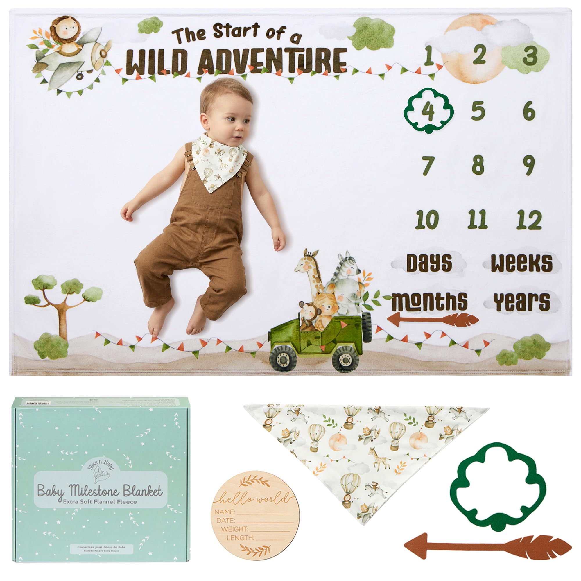 Bliss n' Baby Monthly Milestone Blanket for Baby Boys &amp; Girls - 60"x40" - Wrinkle Free Newborn Blanket with Baby Announcement Sign, Bib &amp; Frames - Washable &amp; Dryable - Safari Theme Nursery Gift Set