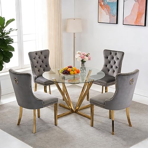 Miniatura 12 de Juego de mesa de comedor de cristal negro de lujo moderno de 45 pulgadas para 6, 7 piezas redondas de vidrio templado para cocina y comedor con Mesa