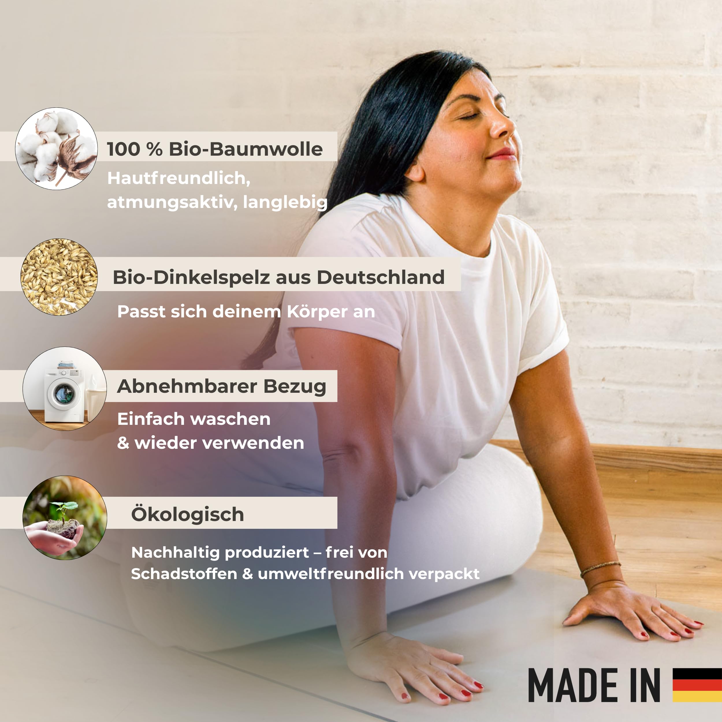 Yoga Bolster Ø 23 cm mit Bio-Dinkelfüllung | Bezug aus 100% Bio-Baumwolle, Yogakissen lang, Made in Germany, waschbarer Bezug, für Yoga & Entspannung