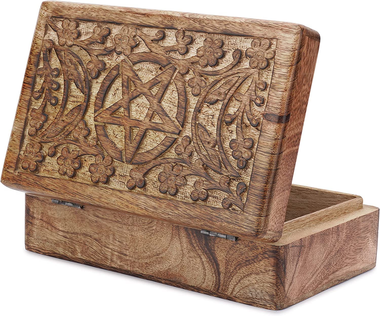 Ajuny Caja Joyero de Madera de Mango 8x5 Pulgadas, Cofre del Tesoro Decorativo con Luna y Estrellas Talladas a Mano, Organizador de Joyas y Recuerdos, Caja para Baratijas, Regalo para Niñas y Mujeres