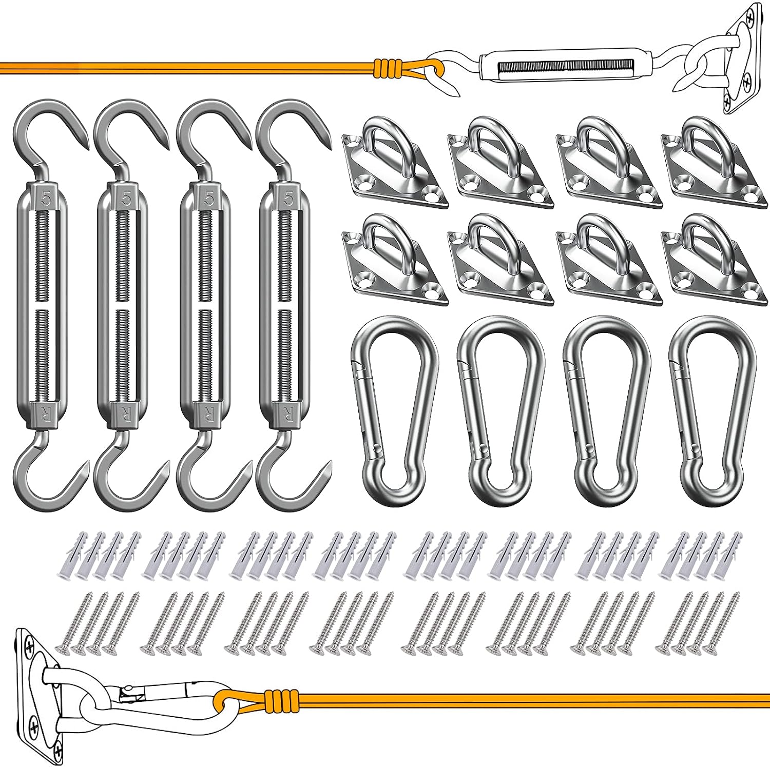 80 Pcs Sun Shade Sail Hardware Kit 5 inch 304 Stainless Steel for Rectangular/Square/Triangle Sun Shade Sail Installation Patio Lawn and Garden, Heavy Duty Anti-Rust Sail Shade Hardware Kit