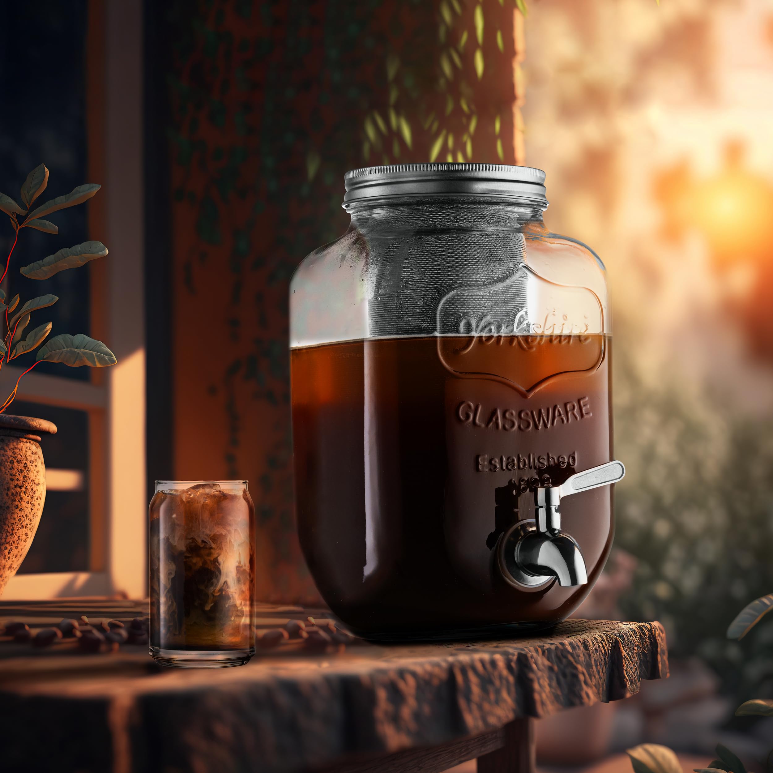 Cafetera fría de 1 galón – Filtro de malla fina de 3ª generación – Espiga de acero inoxidable – Tarro de vidrio grande extra grueso dispensador de bebidas jarra, cafetera helada y jarra de té solar 9