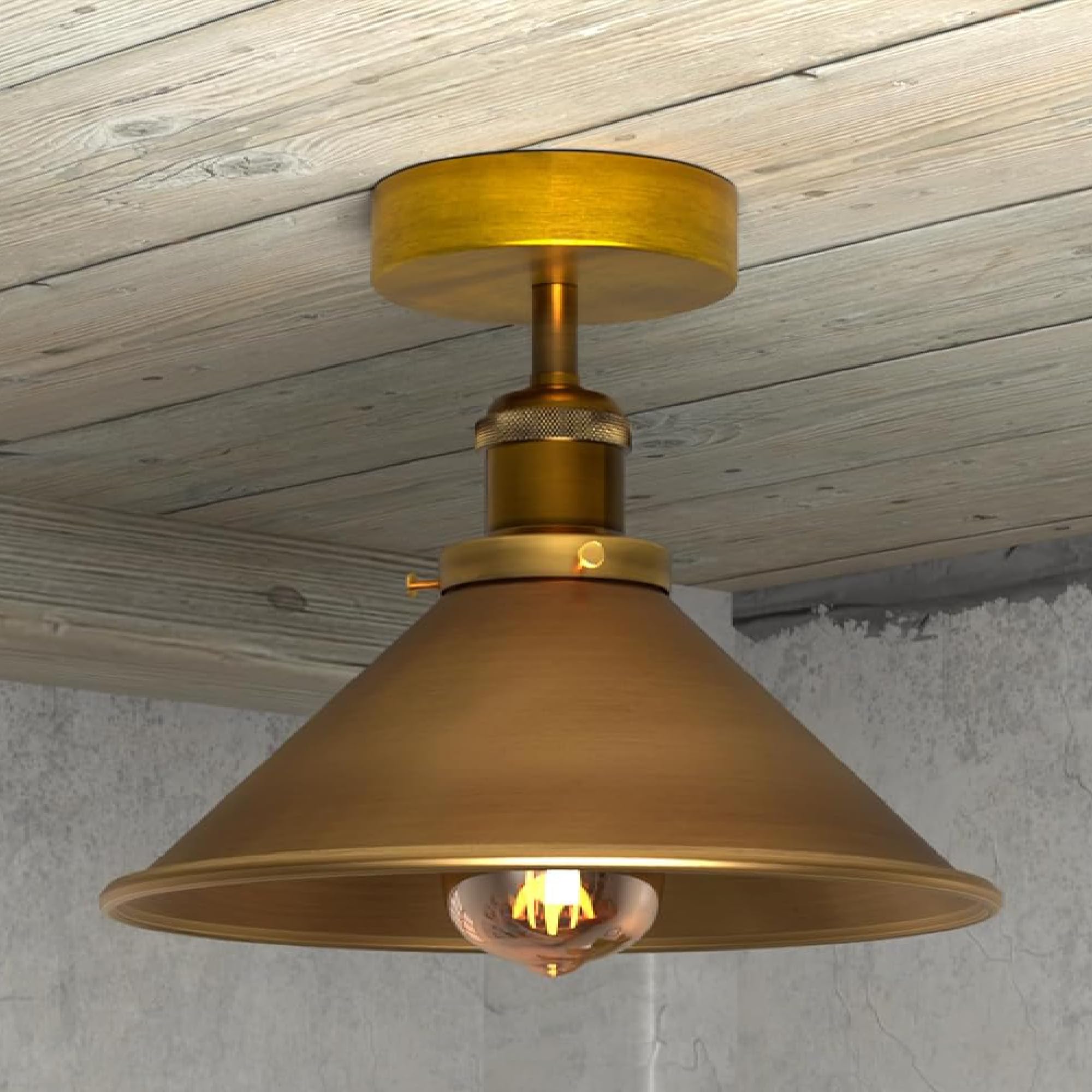 LEDSone Vintage Semi Flush Ceiling Light Yellow Brass Cone Shade Metal E27 Base Farmhouse Light Fixture for Bedroom, Living Room, Kitchen, Hallway No Bulb