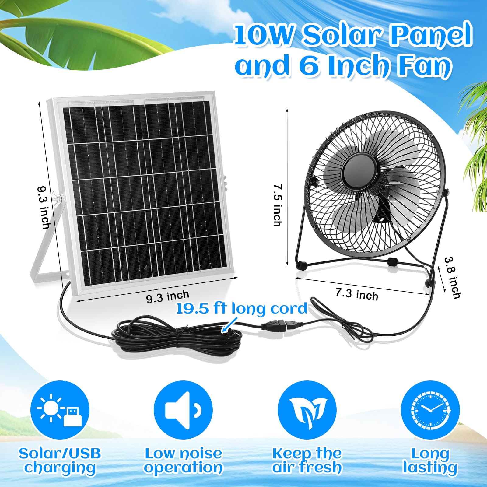 Solar Panel Waterproof Powered Fan Kit 6 Inch Fan and 10W Solar Panel