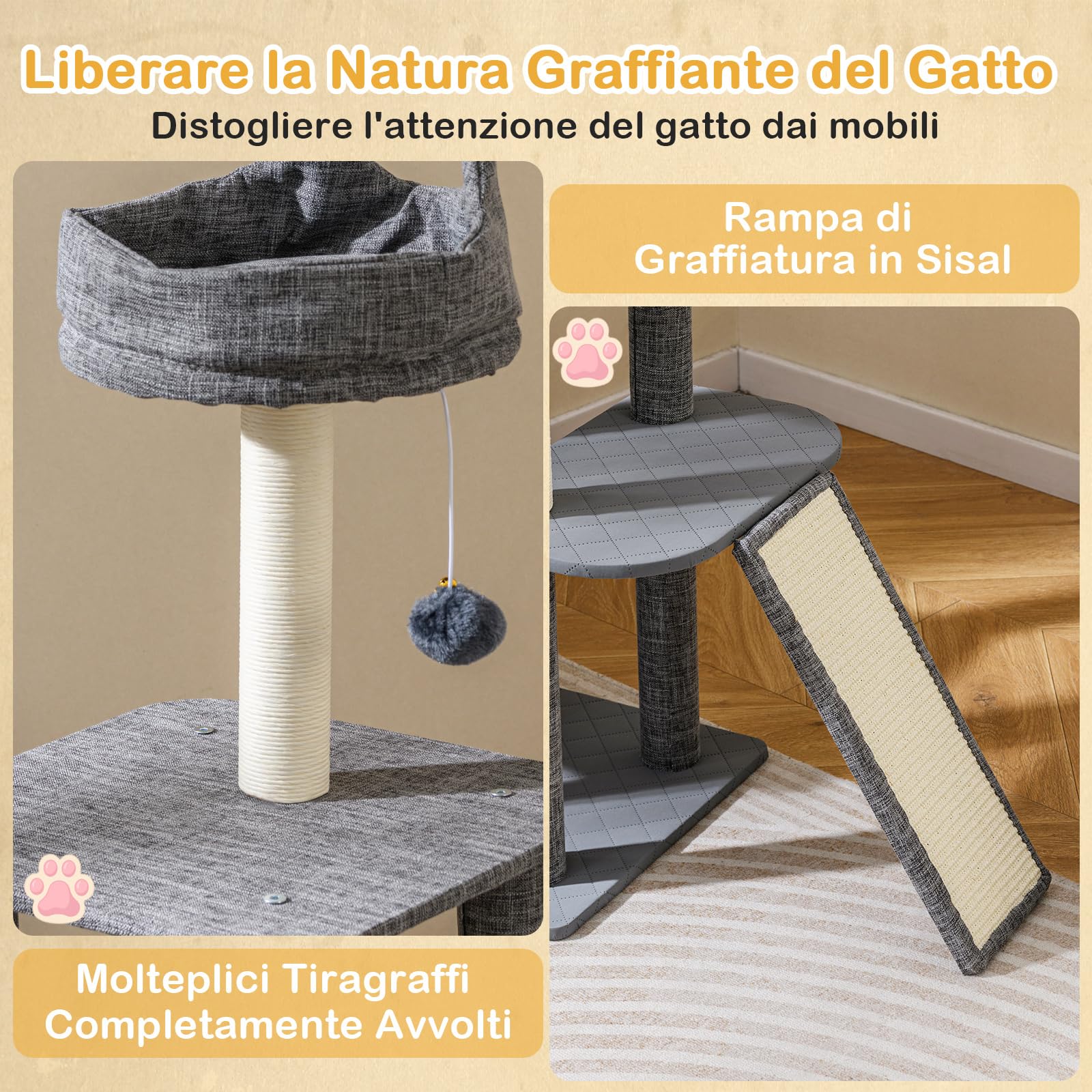 COSTWAY Tiragraffi per Gatto Alto 117 cm, Albero Tiragraffi Gatto con 5 Piattaforme, 2 Pali Sisal e Pallina Pompon, Torre Tiragraffi per Gatti con Grotta e Trespolo, Grigio