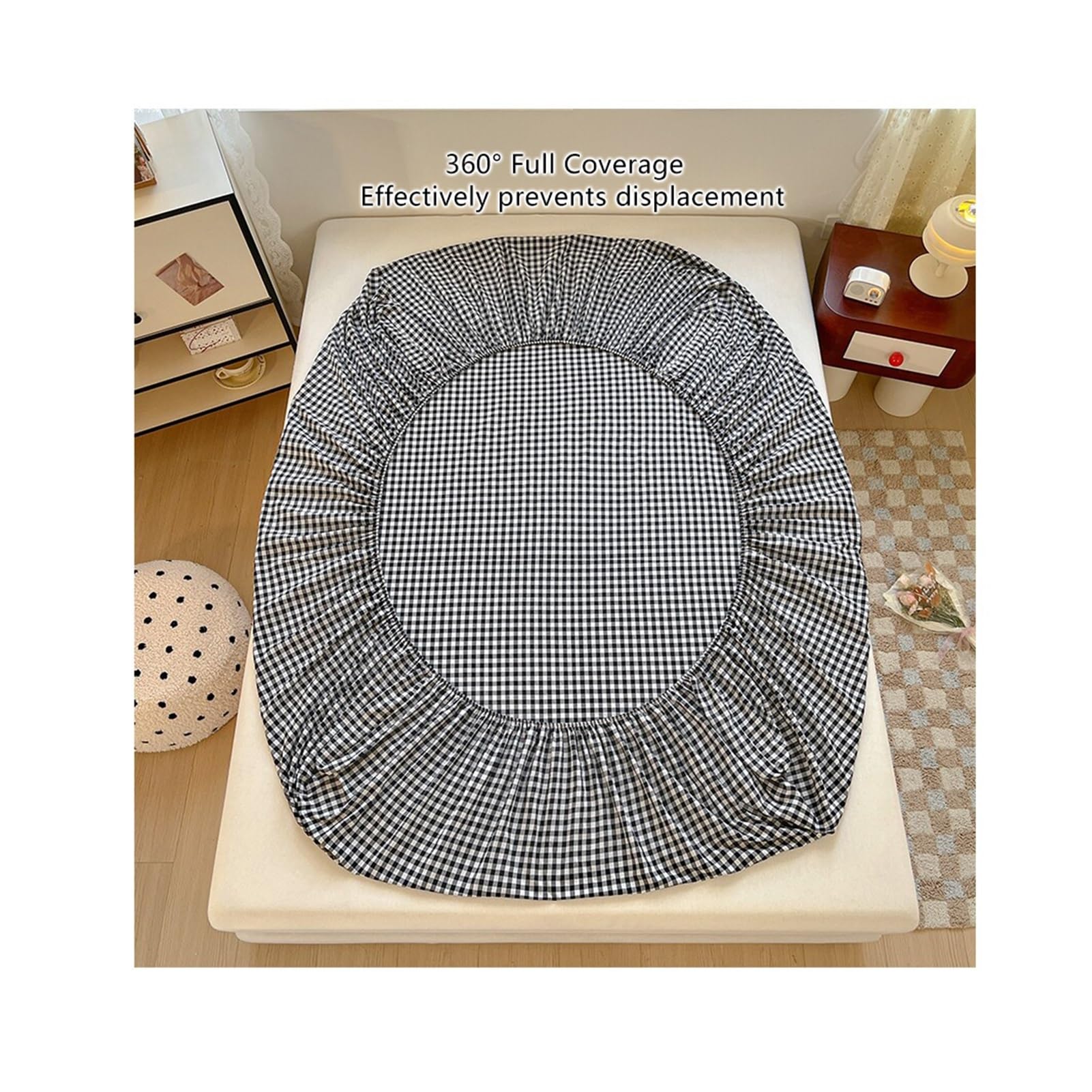 Drap-Housse 120x200cm 150x200cm 180x200cm Bonnet 24cm à Carreaux Rayés en Coton Lavé Drap de Matelas en Coton for Matelas Fin(Gray Plaid,120x200cm+48x74cm x2)