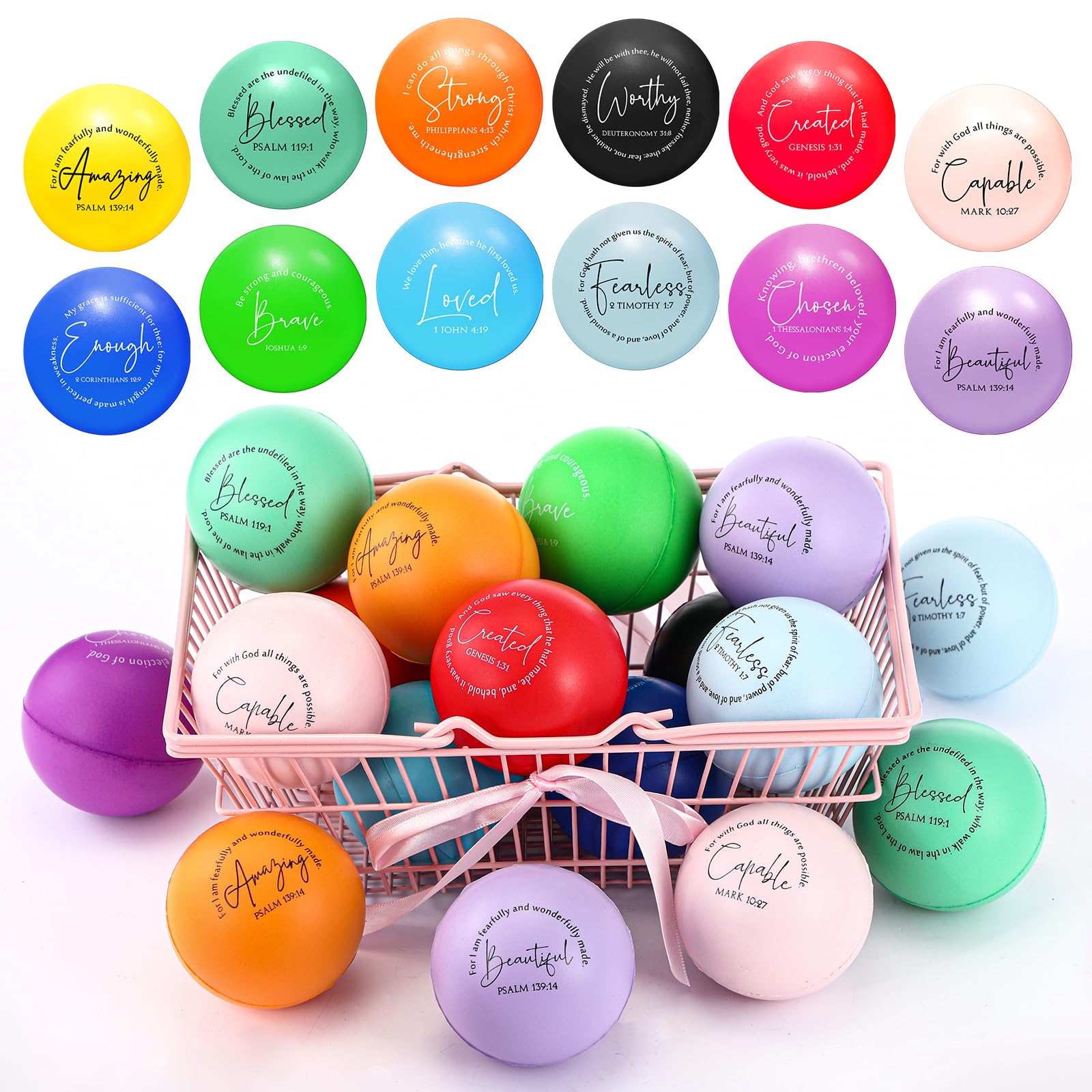 Meooeck Christian Stress Balls Bulk, Motivational Bible Verse Stress Balls, Colorful PU Foam Inspirational Relief Ball for Church, Sunday School and