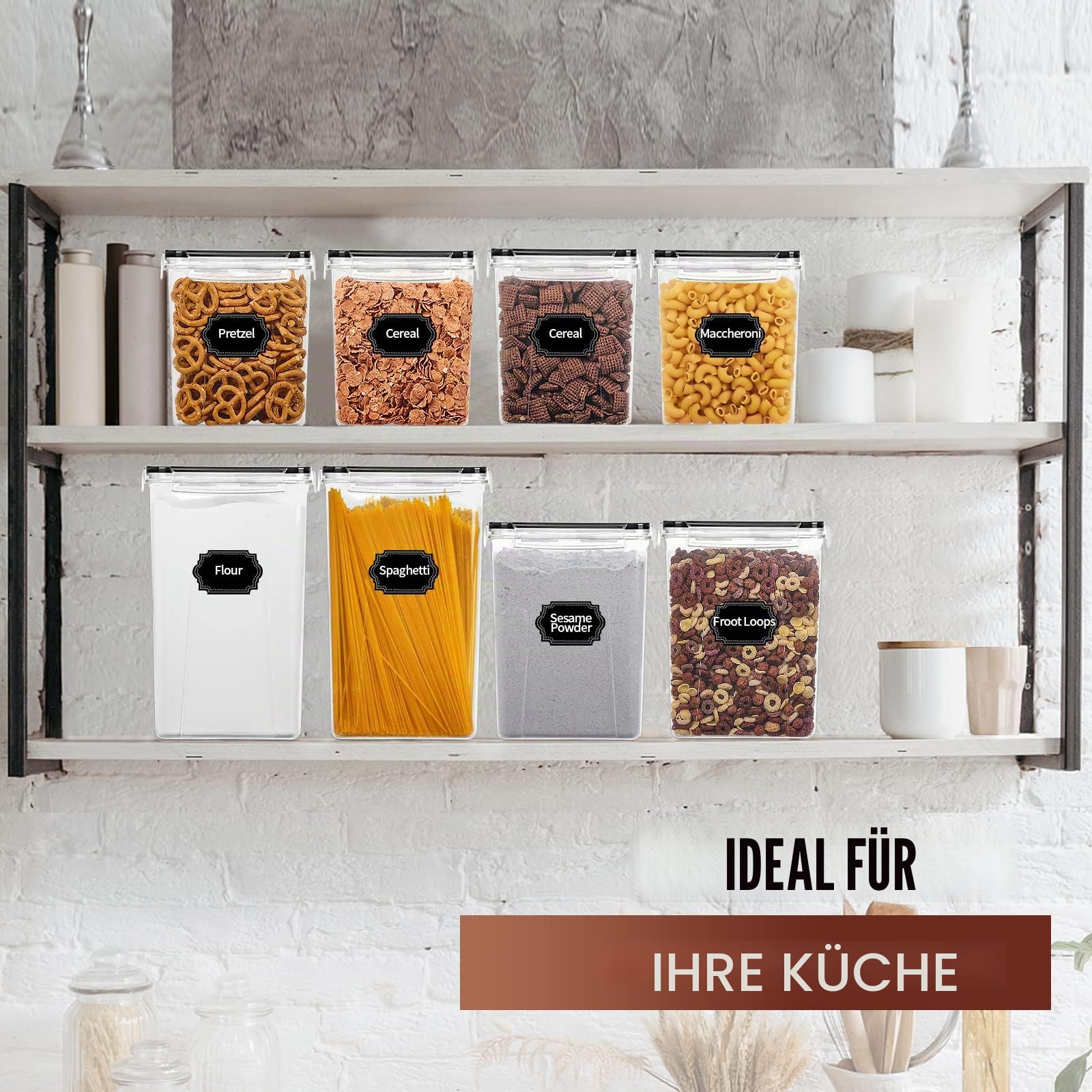 Skroam Große luftdichte Frischhaltedosen mit Deckel, Müslibehälter, Aufbewahrungs-Set – BPA-frei, Speisekammer-Organizer und Aufbewahrung für Mehl, Zucker und Reis, mit Messbecher, Etiketten