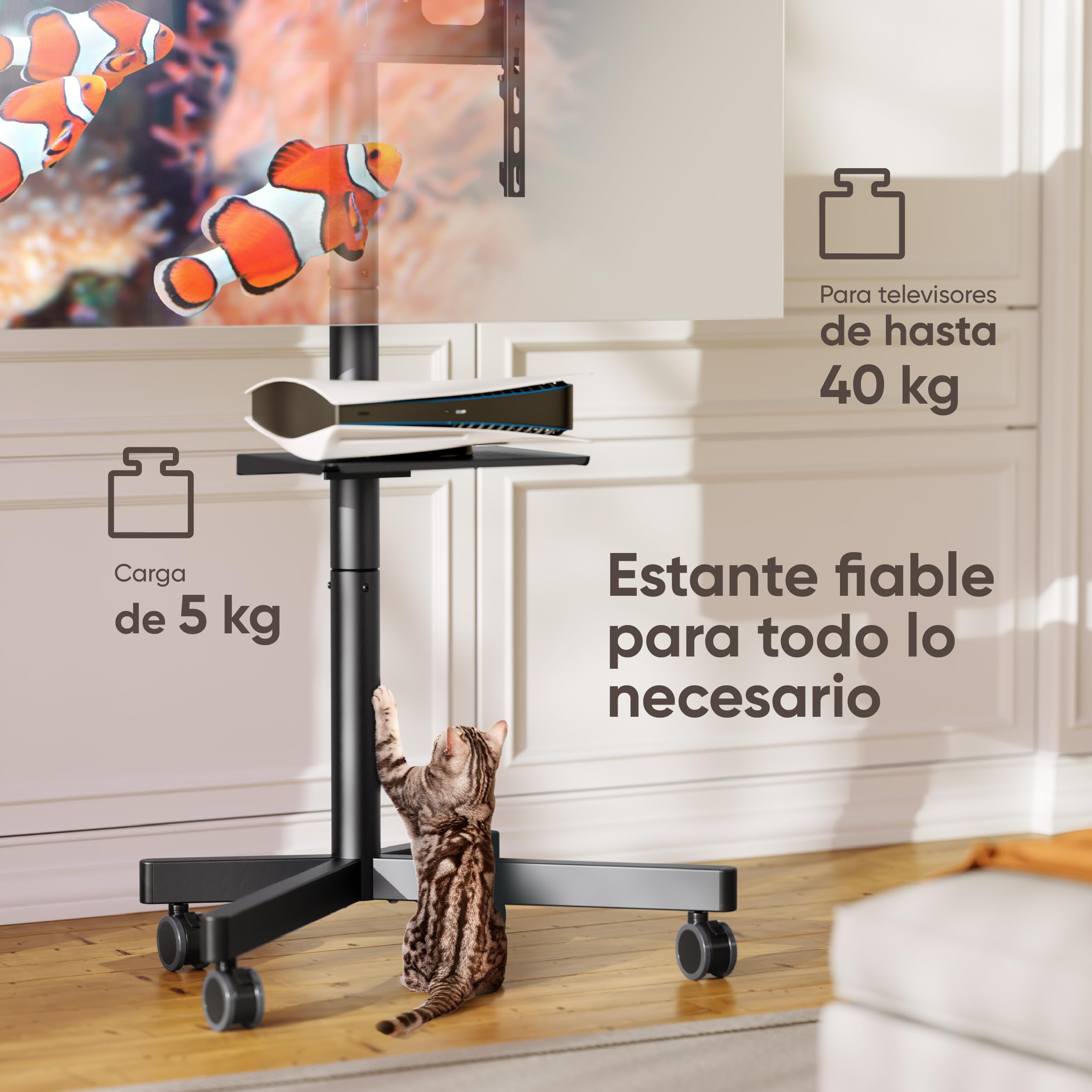 ONKRON Soporte TV con Ruedas 23-60 Pulgadas, Carga Total 45 kg, VESA 100x100-400x400 mm, Carro para Televisor Ajustable en Altura, con Estante AV, Pie para Television Móvil, Color Negro TS1137-B