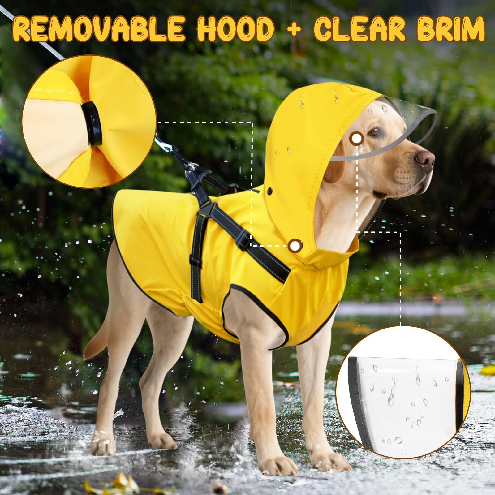 Chubasquero para perros, chubasquero con arnés reflectante y capucha transparente extraíble, chubasquero transpirable para perros, poncho, ligero, impermeable, ropa para pequeños, medianos y