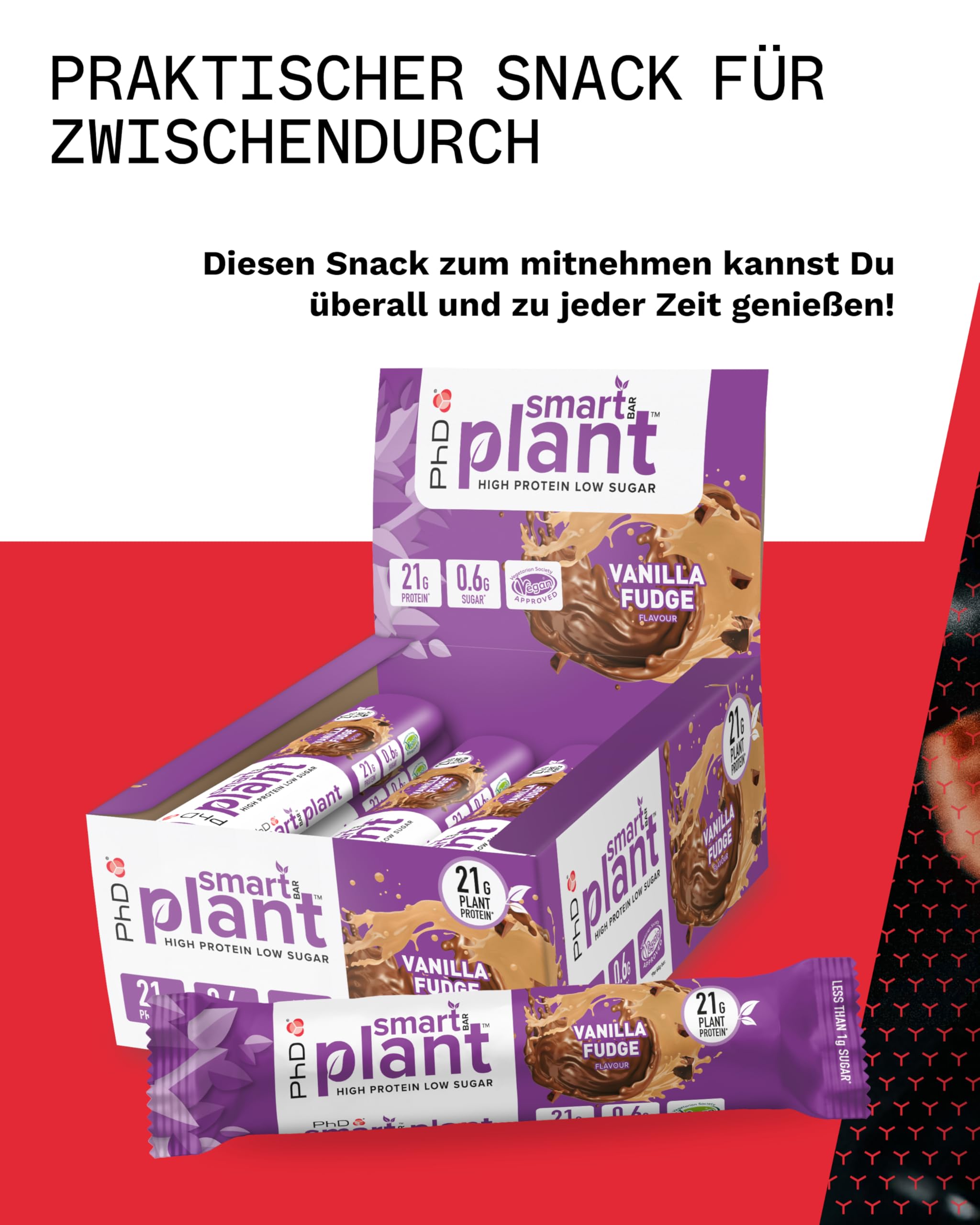 PhD Nutrition Smart Plant Protein Riegel Vegan 12 x 64g Vanille Karamell - High Protein Snack mit 21g Eiweiß und wenig Zucker, Makrofreundlicher Eiweißriegel