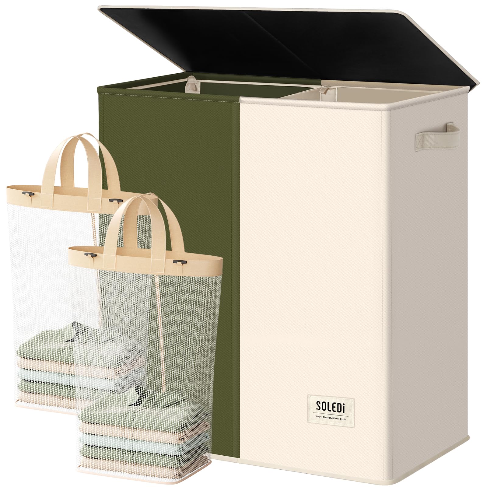 SOLEDI 145L Wäschekorb, Wäschesammler 2 fächer mit Deckel und 2 Wäschesack - Wäschesortierer Groß XXXL Für Badezimmer, Schlafzimmer, Wäschekammer, Kinderzimmer - 2 x 72.5L Grün+Beige