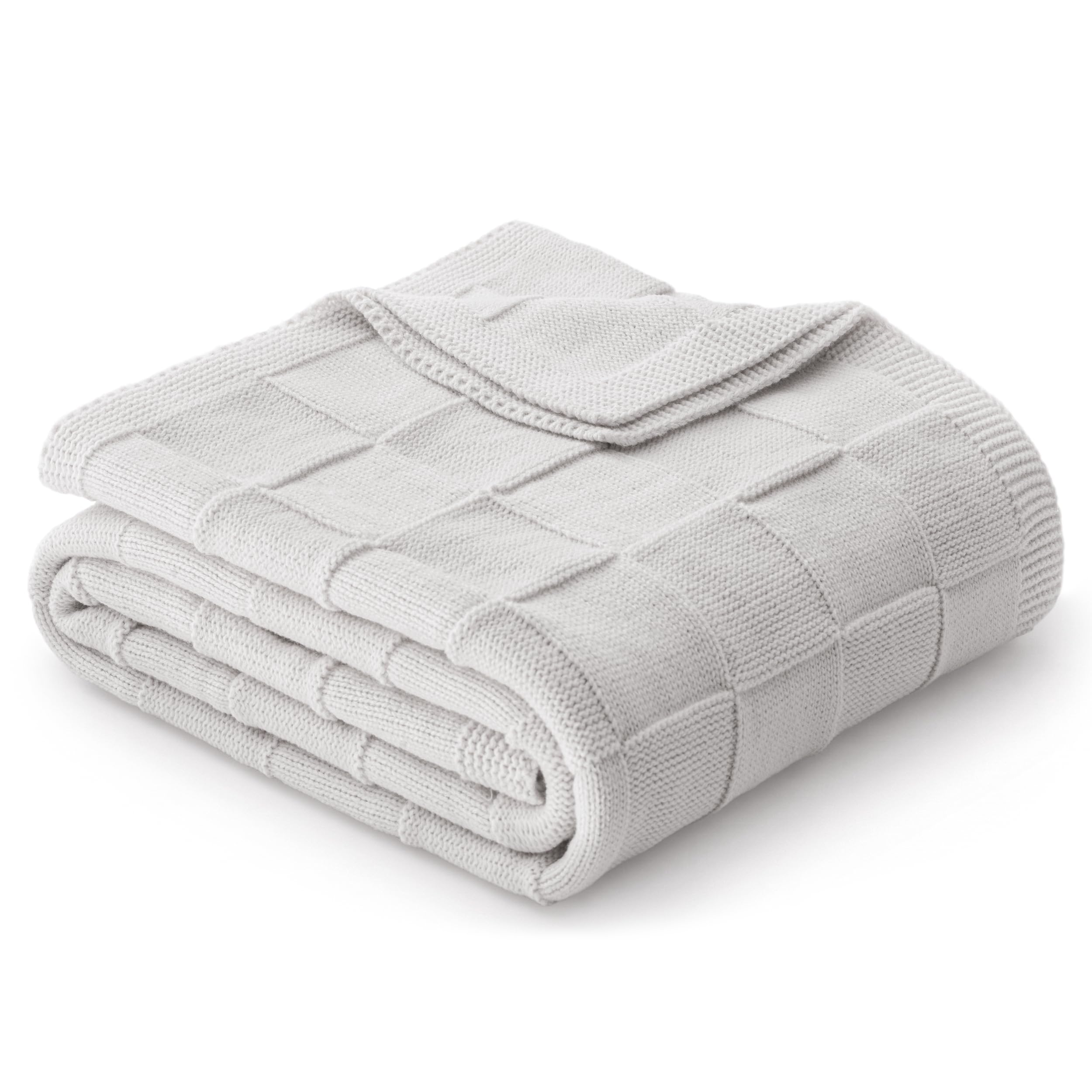 Whale Flotilla Checkered Knit Throw Blanket for Bed, Light Grey