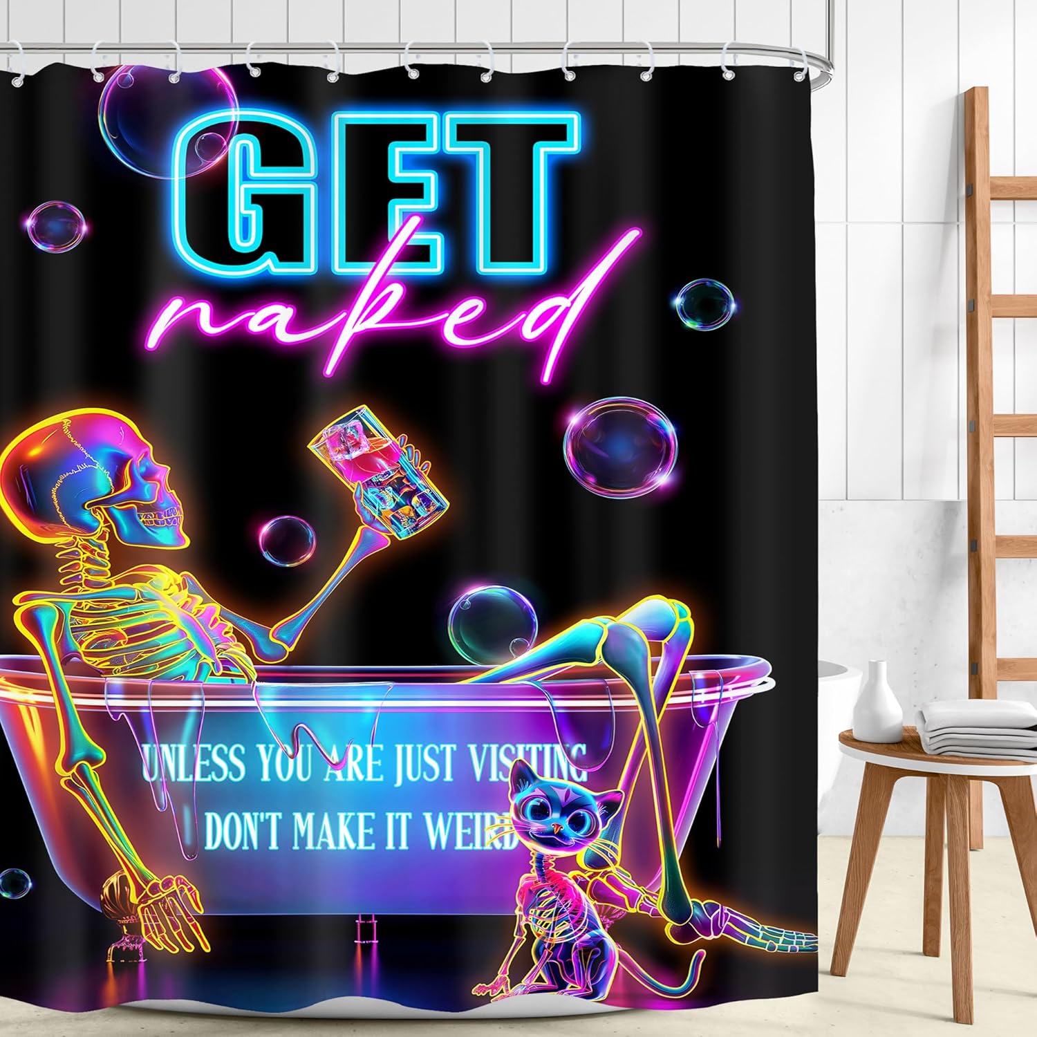Long Neon Funny Skull Shower Curtain 72Wx78H Gothic Black Unique Cool Skeleton Bone Spooky in Bathtub Bathroom Decor Bubbles Halloween Cat Bath Curtain Fabric Polyester 12 Pack Hooks