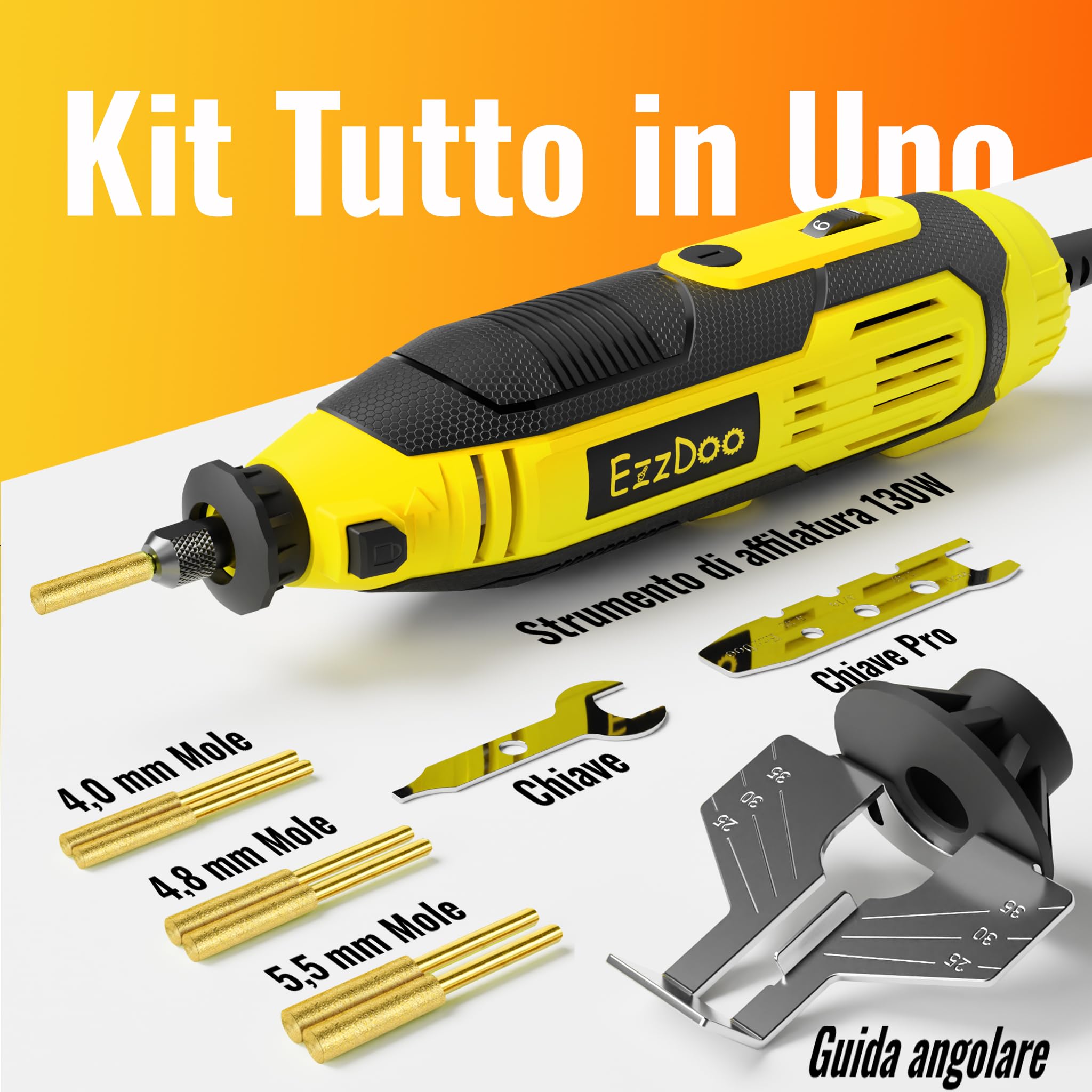 EzzDoo Kit affilacoltelli elettrico per motosega con punte diamantate placcate in titanio, strumento per affilare motosega ad alta velocità e 6 ruote ad alta durezza per tutte le catene di motosega