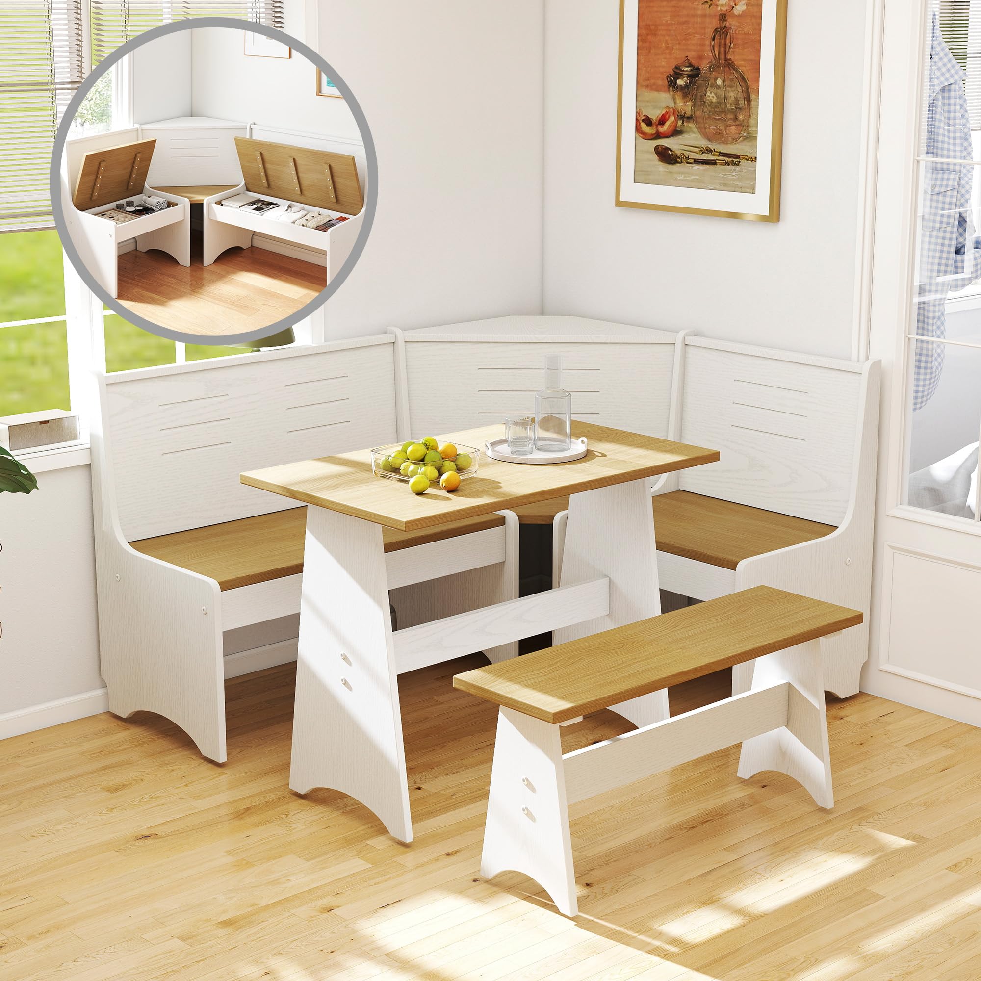 Breakfast Nook Set 3-4 Seat L-Shaped with Hidden Storage - Space Saving Corner Kitchen Dining Table & Bench Set - Farmhouse Family Home White Wood