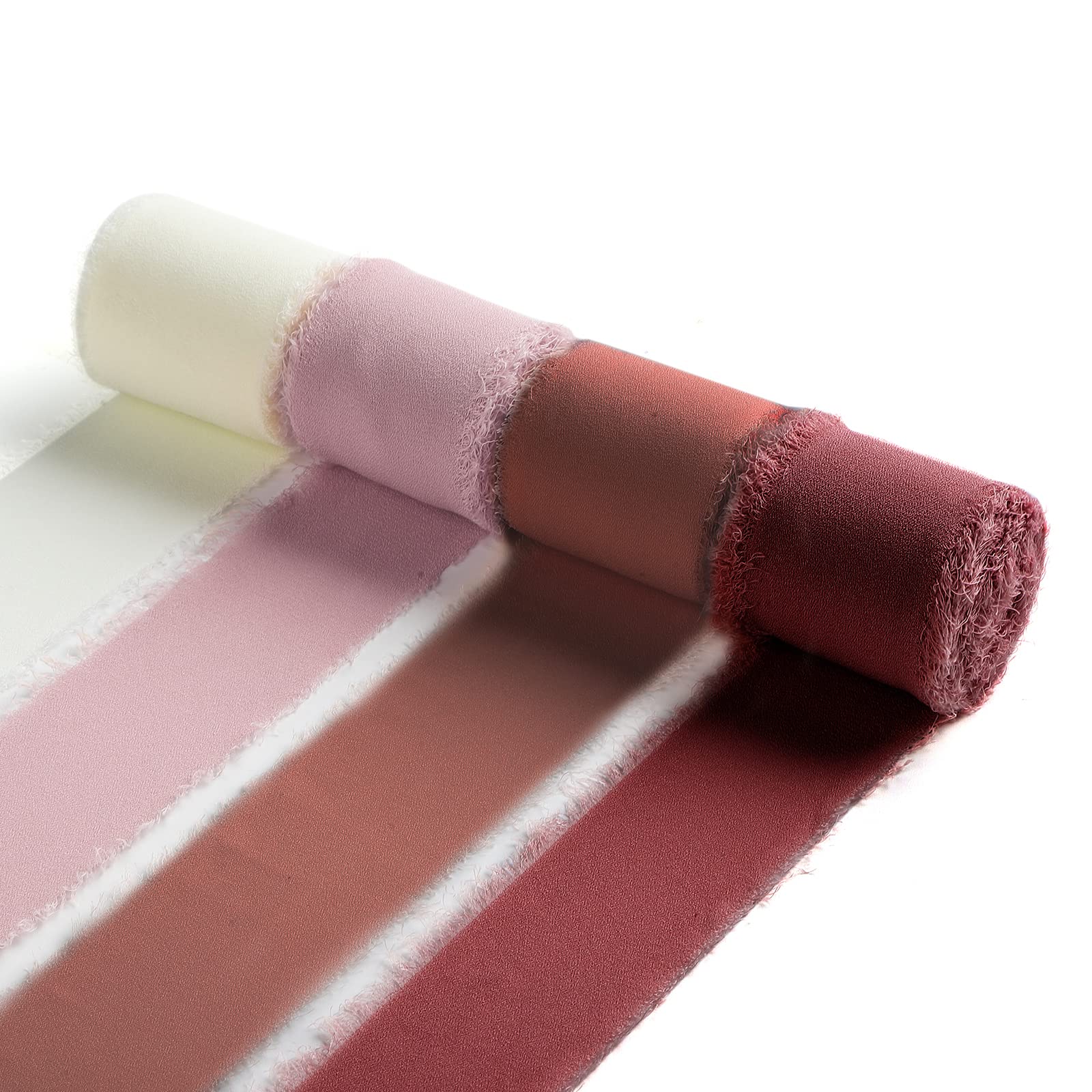 Ewaymado 4 Rolls Burgundy&Cream Handmade Fringe Chiffon Silk Ribbon 1.5" x 5Yd Per Roll,Frayed Edges Ribbon for Gifts Wrapping,Wedding Decoration,