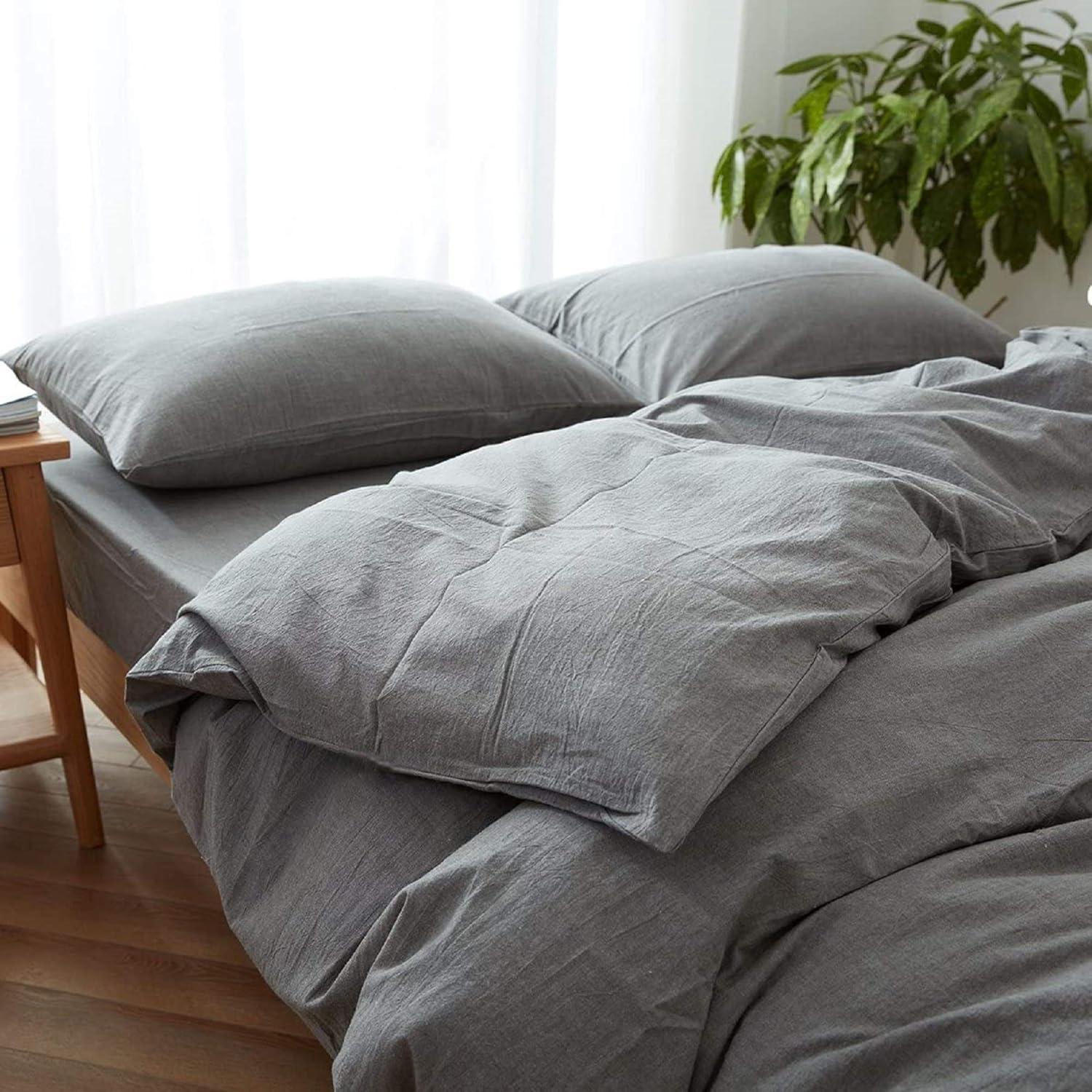 Ultra Soft Luxury Stonewashed Cotton Duvet Cover Boho Bedding with Coconut Button Full Comforter Cover Gray Duvet (Twin)