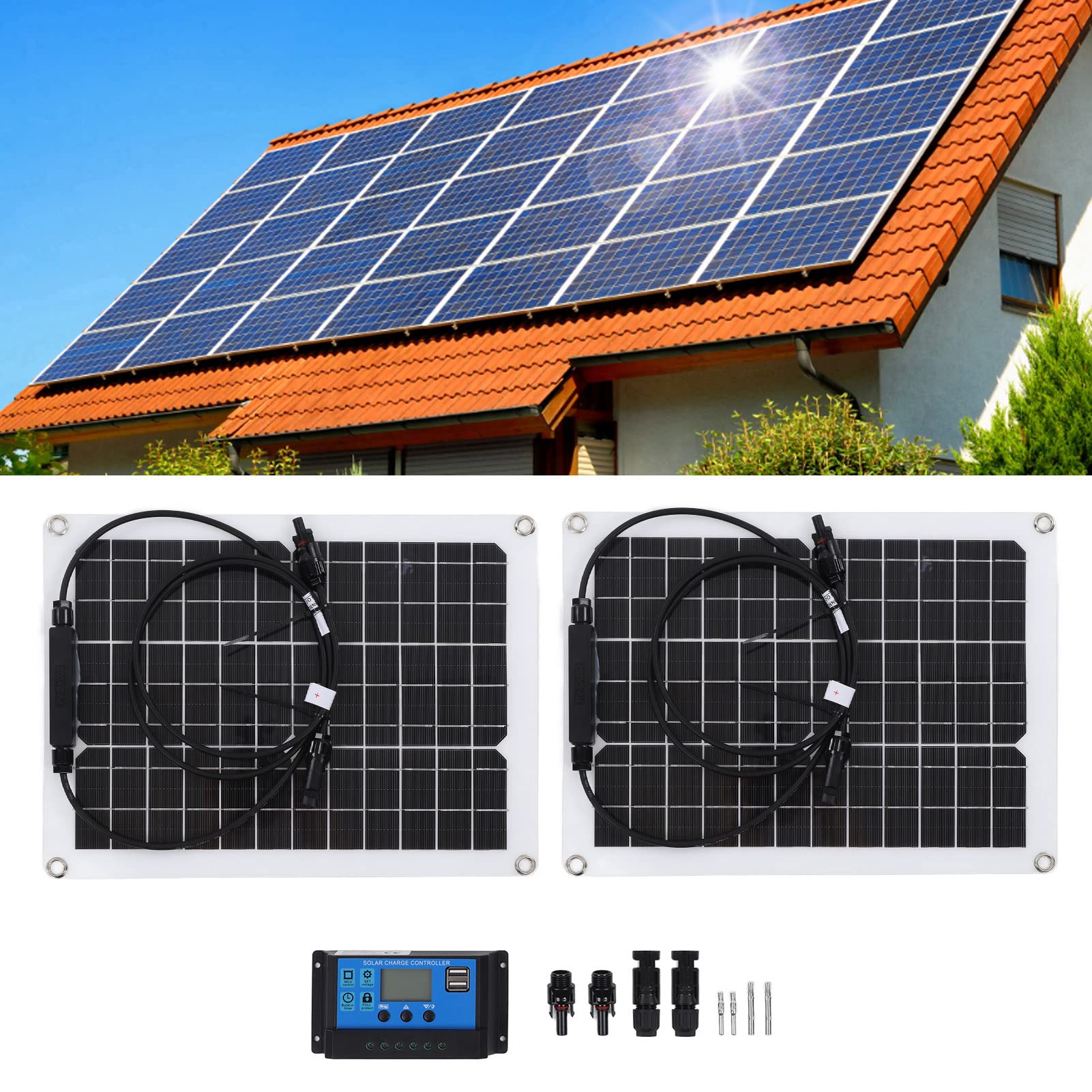 Panel Solar Monocristalino Flexible de 30 W con Controlador de 50 A para Suministro de Energía de Batería de 12 V, Ideal para Vehículos Recreativos y Acampadas