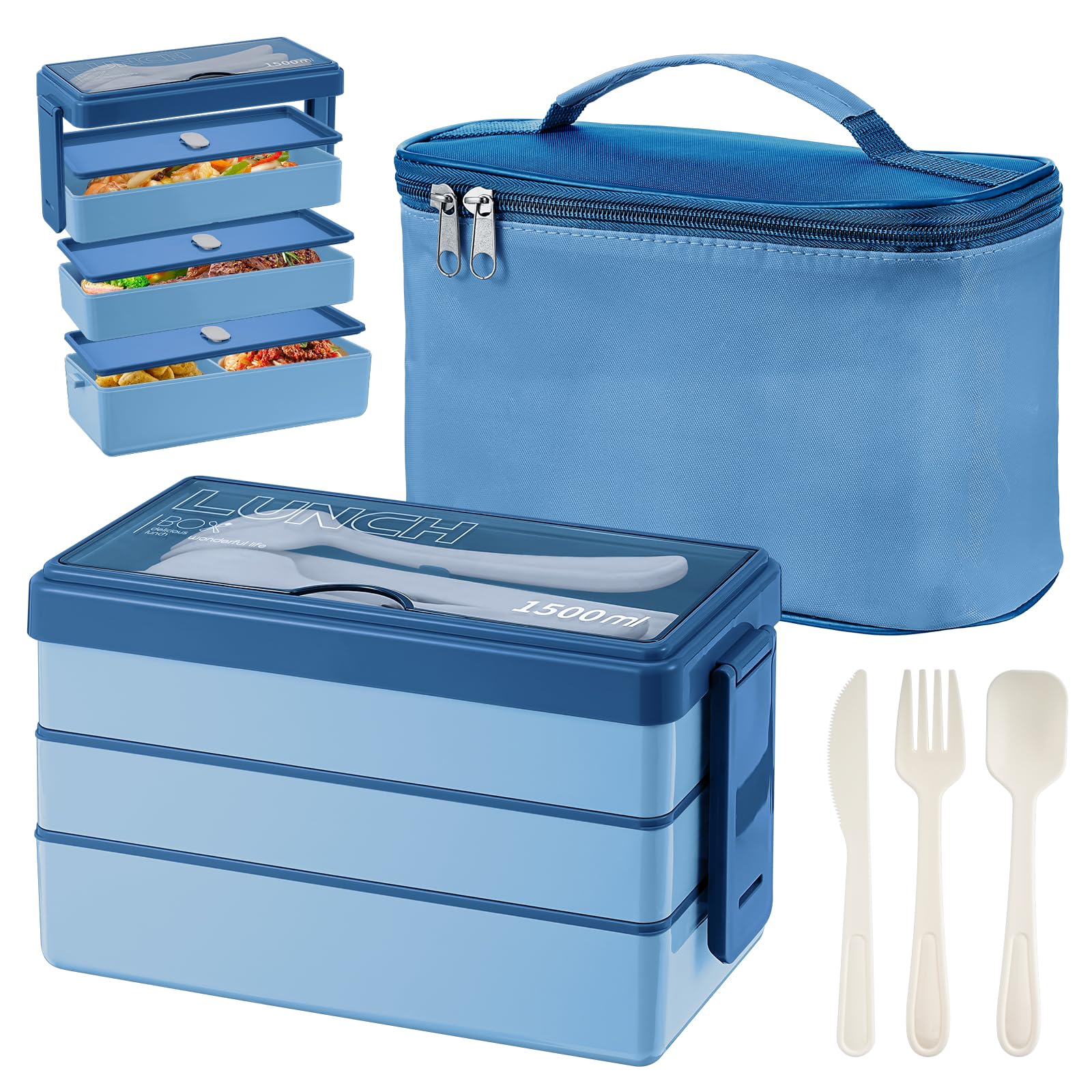 Yirochan 1500ml Bento Box with Bag - 3 Layer Lunch Box with Cutlery Set, 4-in-1 Meal Prep Container Box with Insulated Bag for Students Adults Office Microwave Dishwasher Safe (Blue)