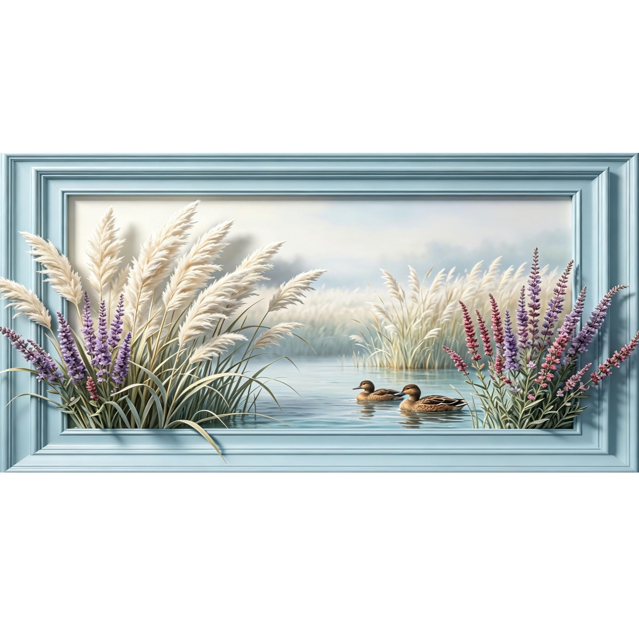 Agglomerix 3D Framed Wall Art Lake Ducks Reeds Lavender Botanical Landscape Water Scene Large Size Self-Adhesive Removable Wall Decor Prints Artwork for Living Room Bedroom Office