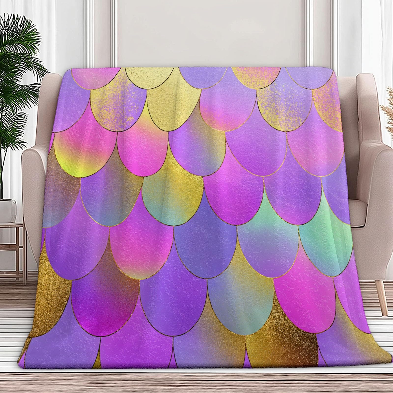 Générique Koc dla dorosłych i dzieci 200 x 200 cm, miękki koc flanelowy z nadrukiem elegancki gradient rybie łuski - narzuta na sofę pasuje do różowo-fioletowego utrzymania ciepła zimą