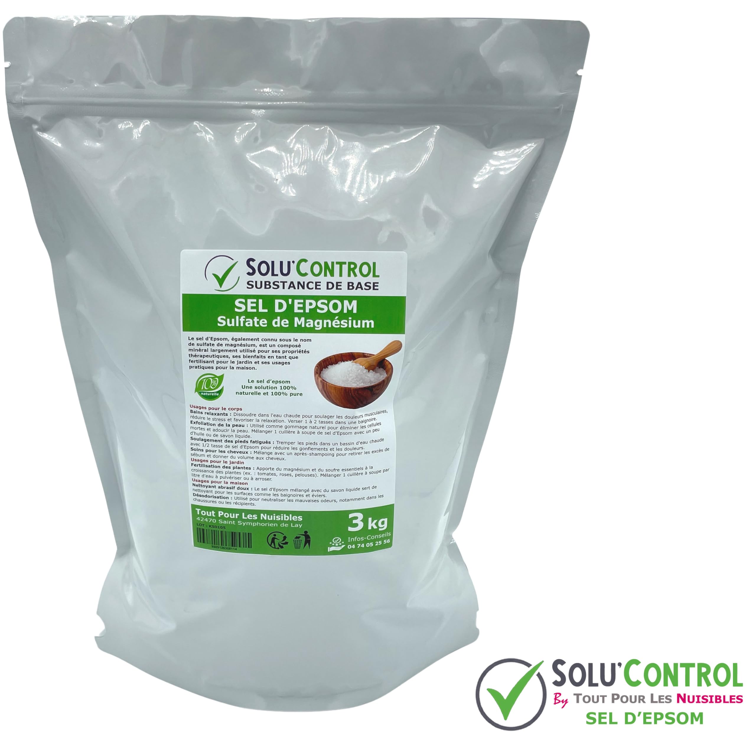 Sel d'Epsom 3 kg - Solu'Control - Sulfate de Magnésium 100% Pur et Naturel - Relaxation, Soin du Corps, Déodorant, Fertilisant et Apport en Magnésium pour Plantes - Sachet avec Zip Refermable