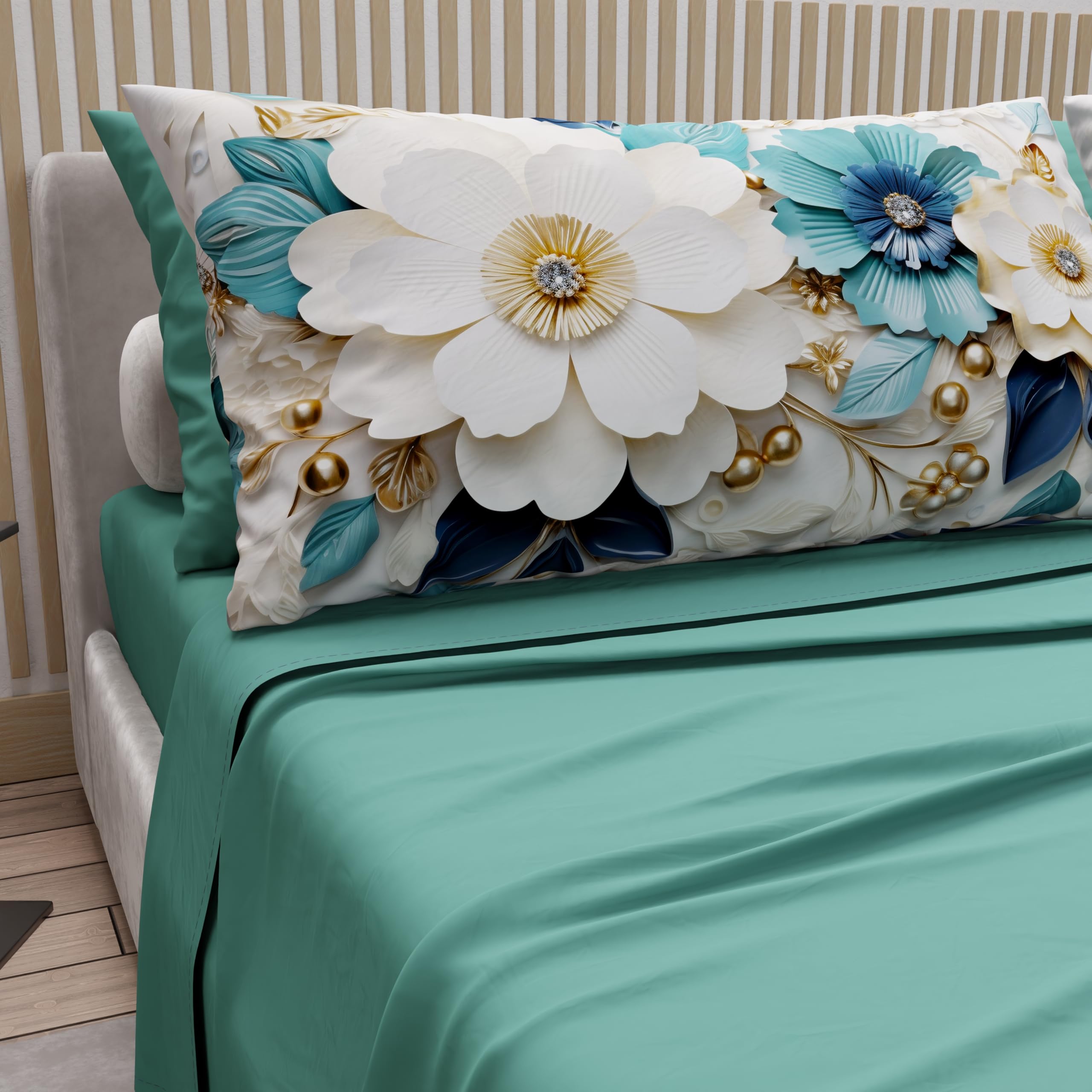 PETTI Artigiani Italiani - Cotton Sheets with Pillowcases in Digital Print, Double Bedsheets, Complete Bed Set, Floral 19 Teal, 100% Made in Italy