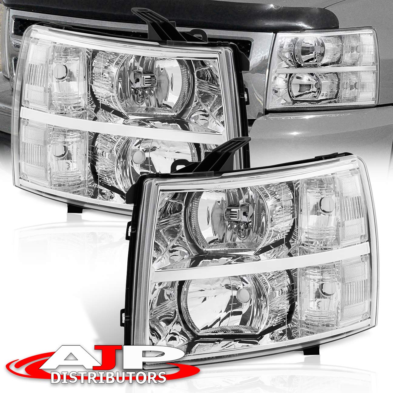 AJP Distributors For Silverado 1500 2500 3500 HD Headlights Lights Lamps 2007 2008 2009 2010 2011 2012 2013 2014 07 08 09 10 11 12 13 14 (Chrome Housing Clear Lens Clear Reflector)
