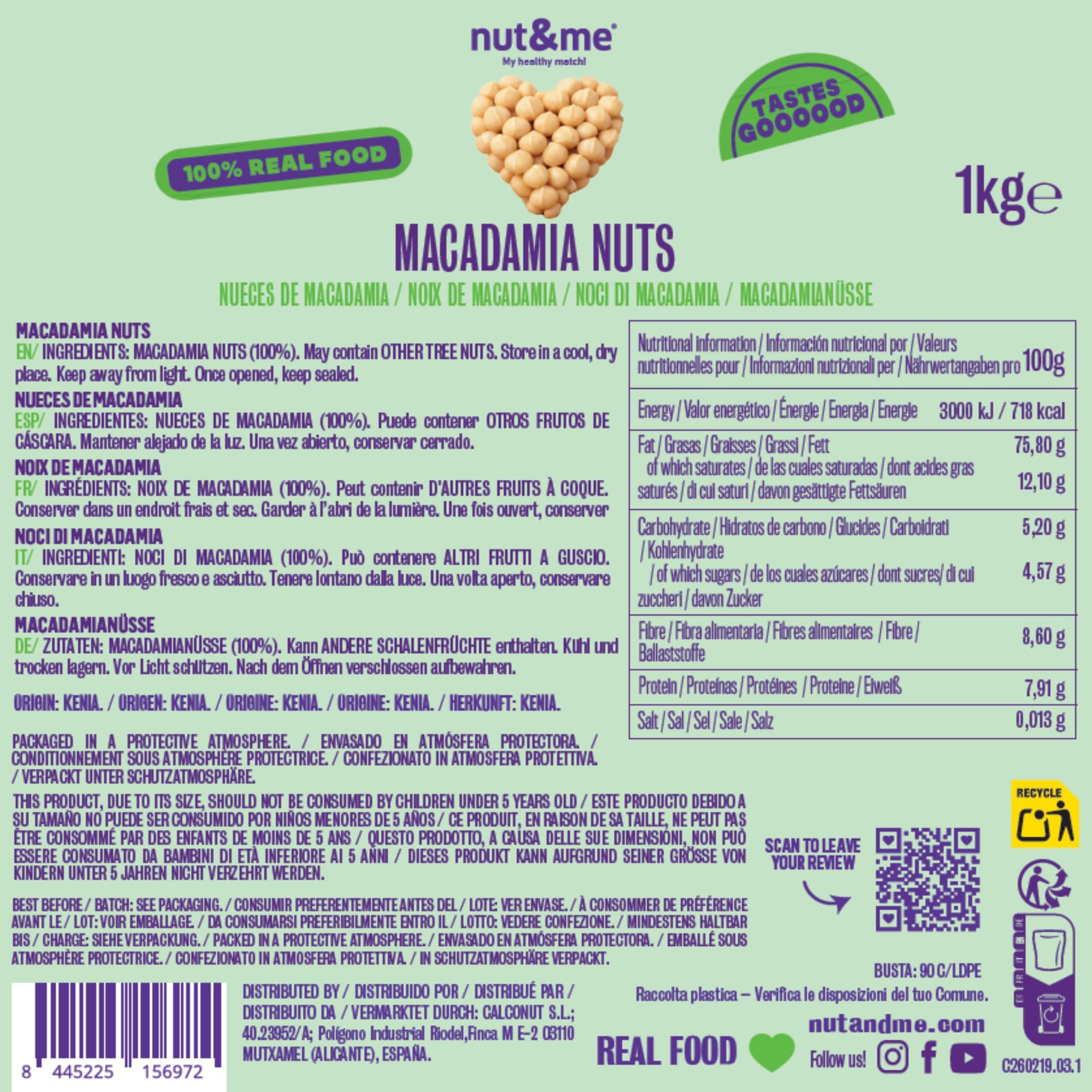 nut&me Noix de Macadamia 1 kg | Noix macadamia entières, sans coque, sans gluten ni additifs | Idéales pour snack, pâtisserie, granola, salades et recettes sucrées