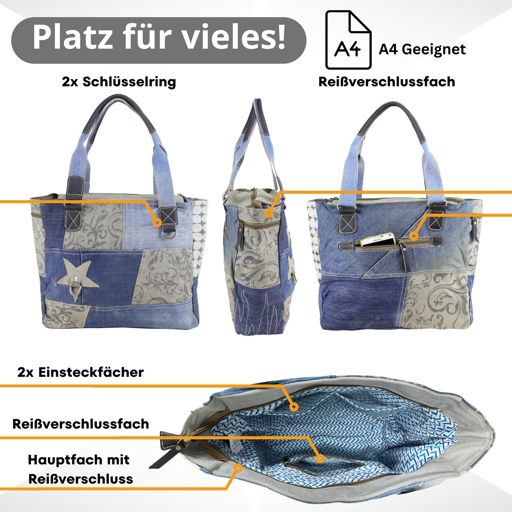 Sunsa Handtasche. Damen Tasche. Große Damentasche. Nachhaltige Shopper. Schultertasche aus recycelte Jeans Stoff & Canvas in Retro Vintage Stil